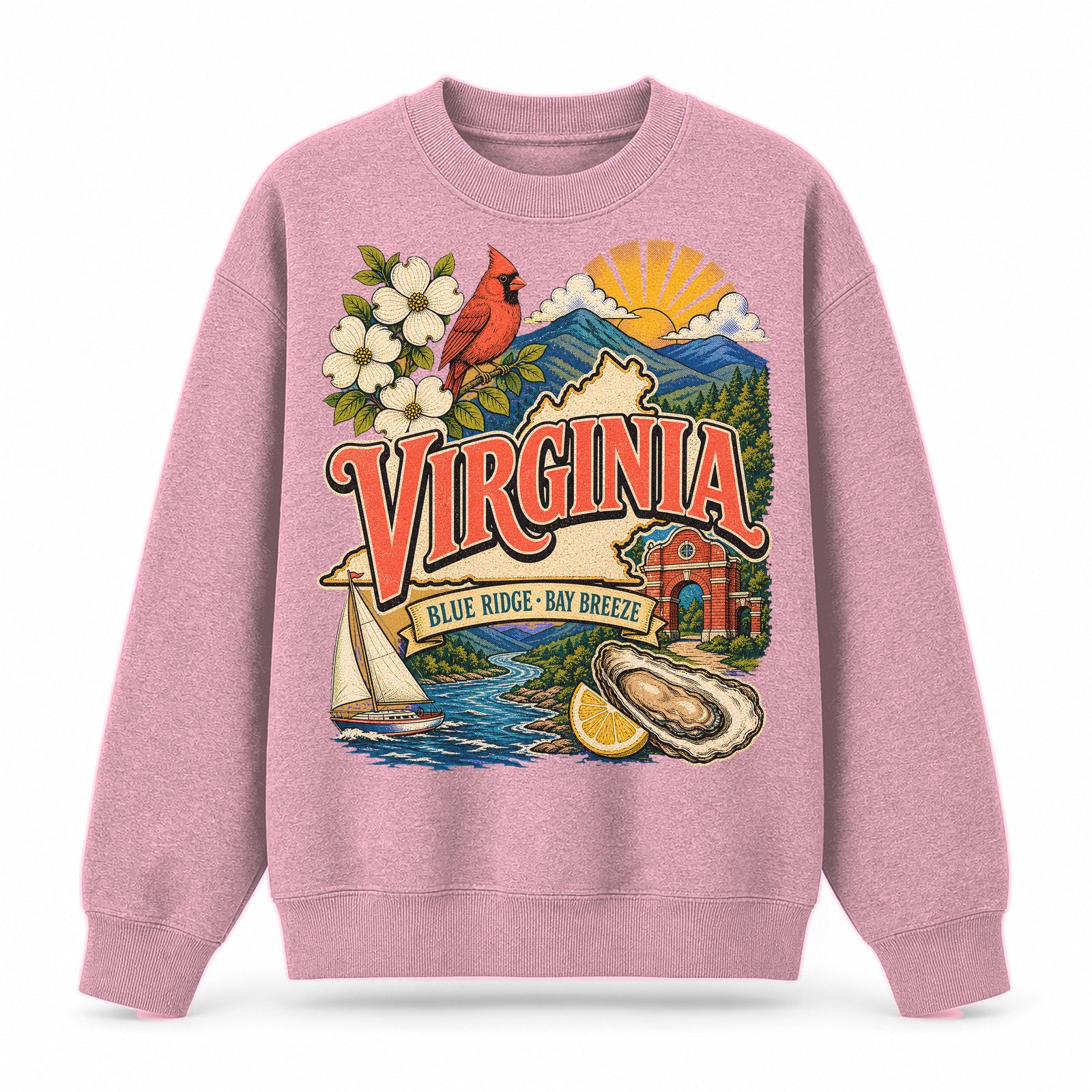 Colorful Virginia State Collage Crewneck Sweatshirt in Pink, front view on a white background