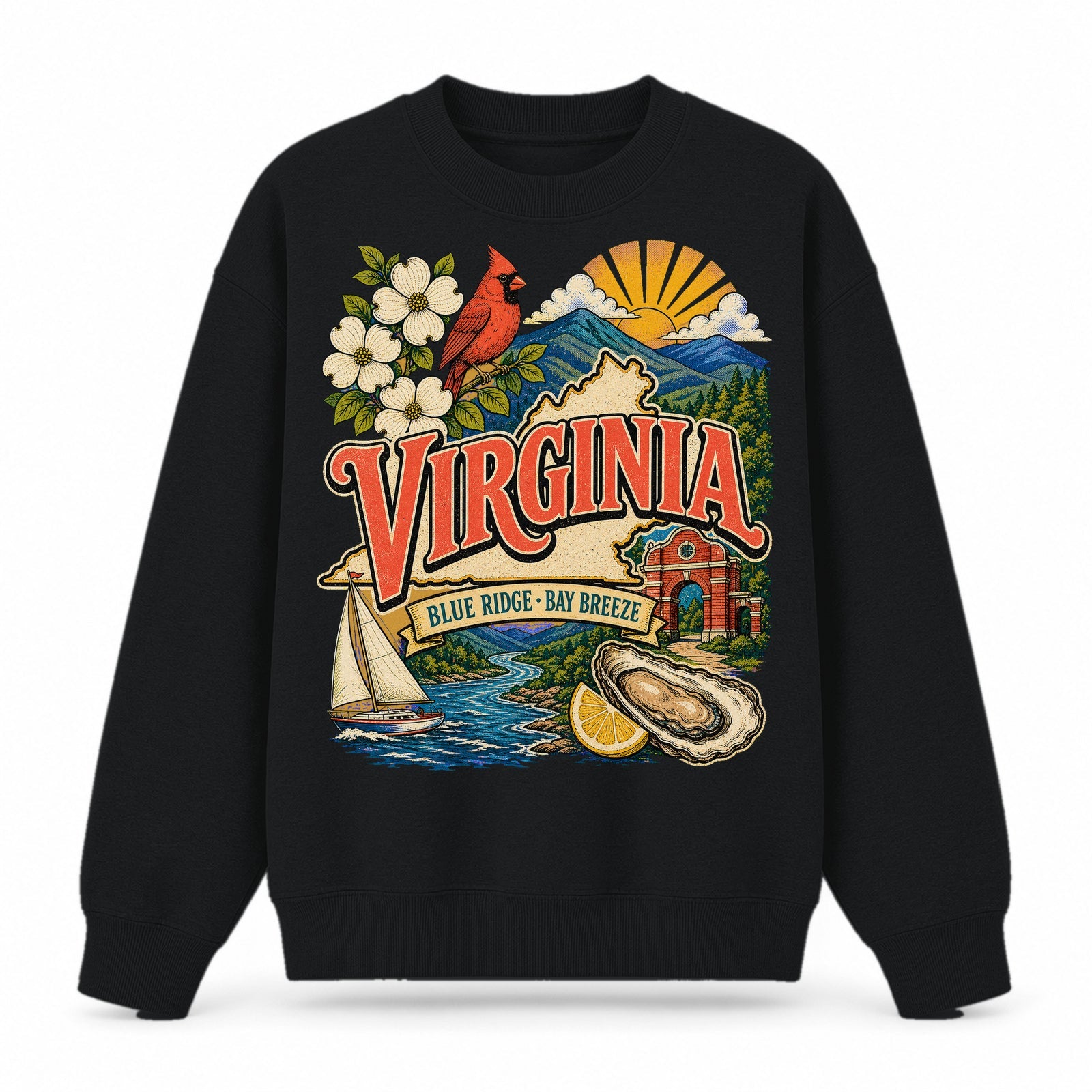 Colorful Virginia State Collage Crewneck Sweatshirt in Black, front view on a white background