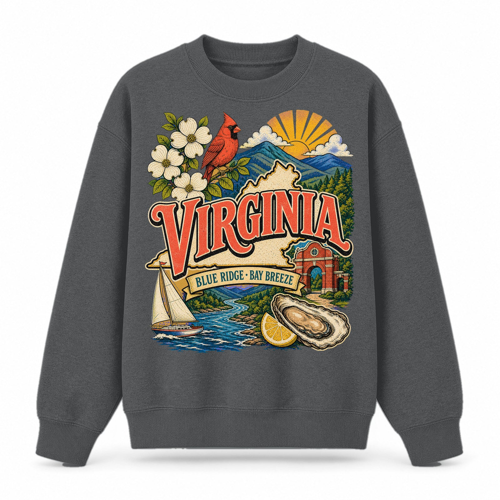 Colorful Virginia State Collage Crewneck Sweatshirt in Dark Gray, front view on a white background