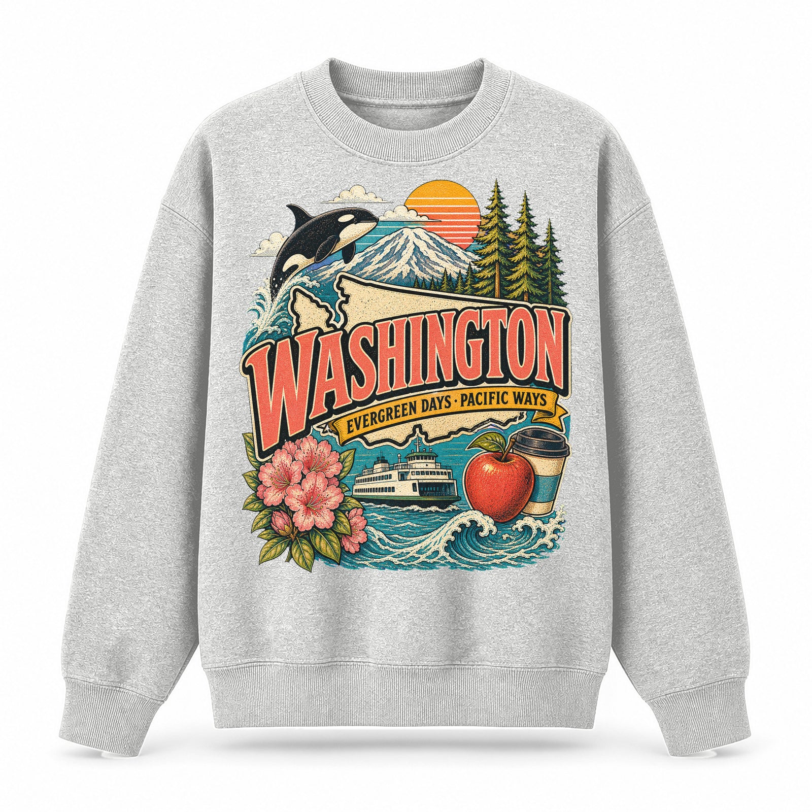 Colorful Washington State Collage Crewneck Sweatshirt in Light Gray, front view on a white background