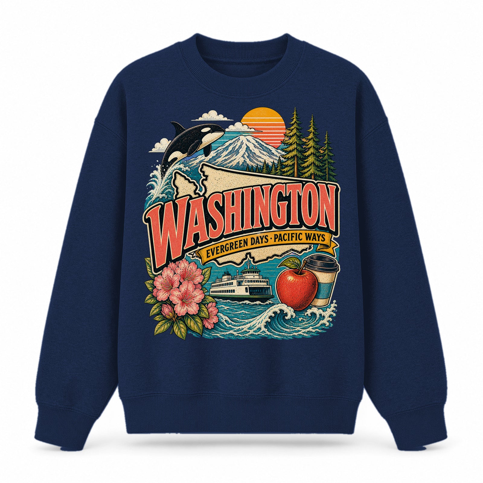 Colorful Washington State Collage Crewneck Sweatshirt in Navy, front view on a white background