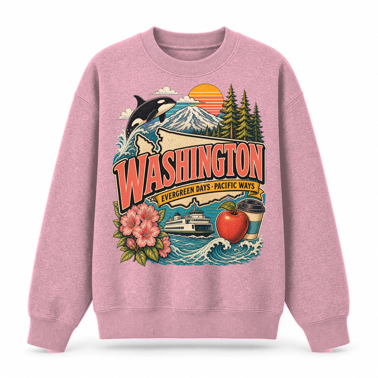 Colorful Washington State Collage Crewneck Sweatshirt in Pink, front view on a white background