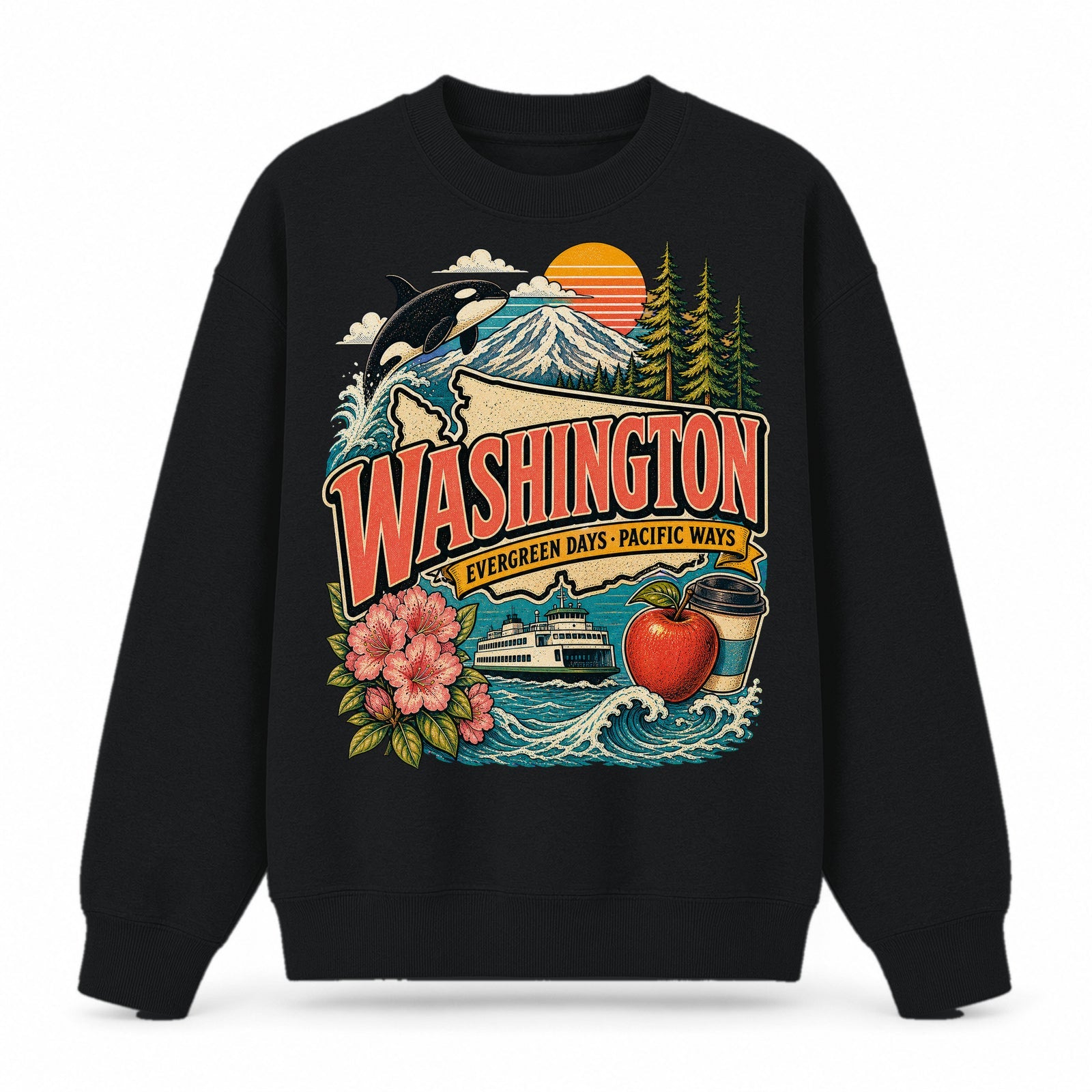 Colorful Washington State Collage Crewneck Sweatshirt in Black, front view on a white background