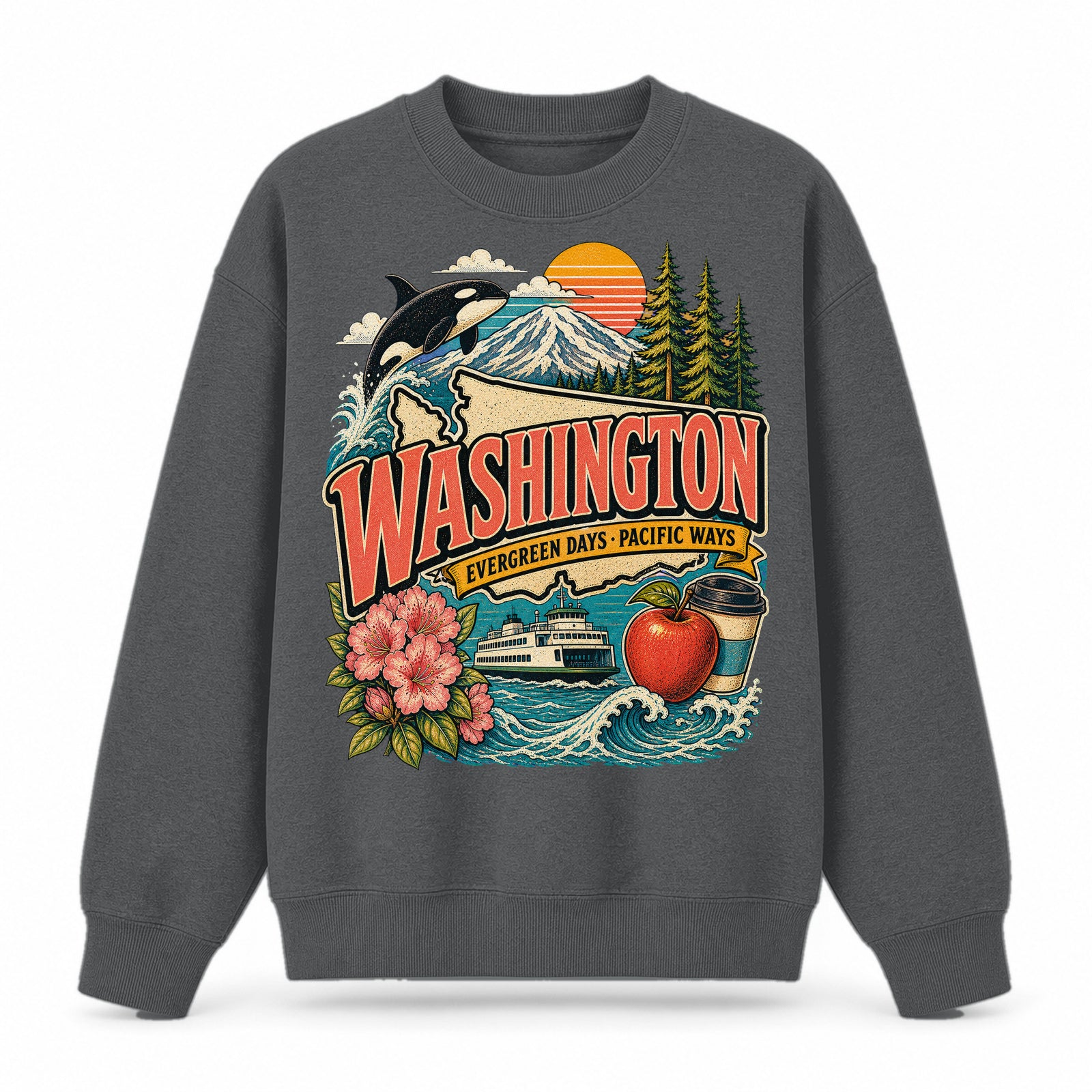Colorful Washington State Collage Crewneck Sweatshirt in Dark Gray, front view on a white background