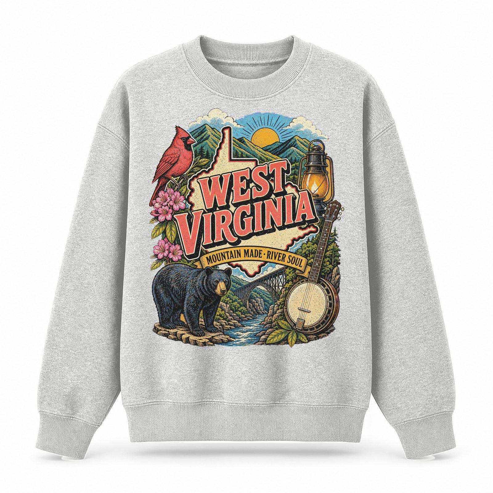 Colorful West Virginia State Collage Crewneck Sweatshirt in Light Gray, front view on a white background