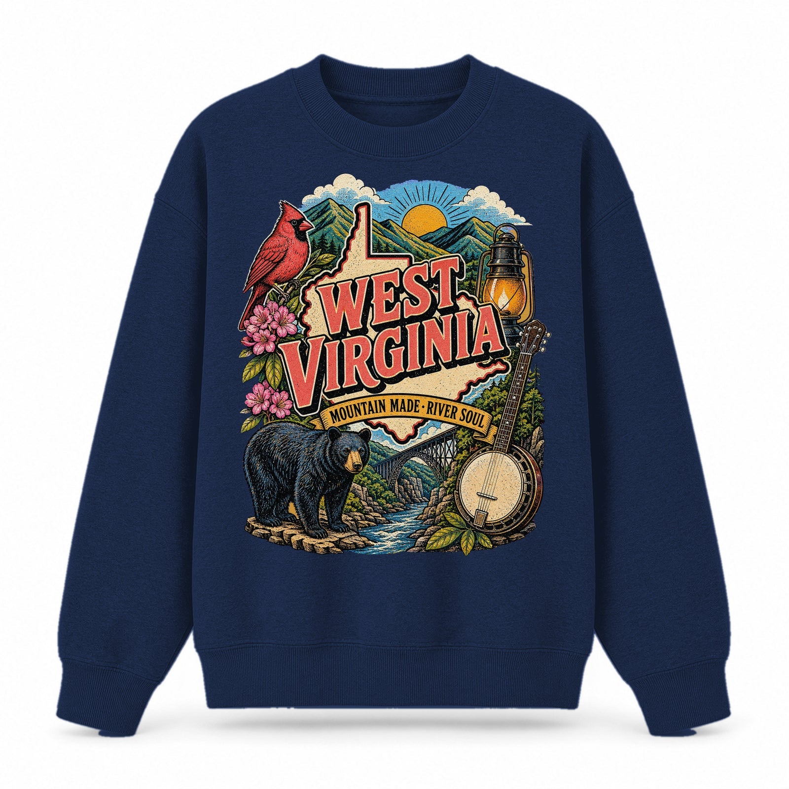 Colorful West Virginia State Collage Crewneck Sweatshirt in Navy, front view on a white background