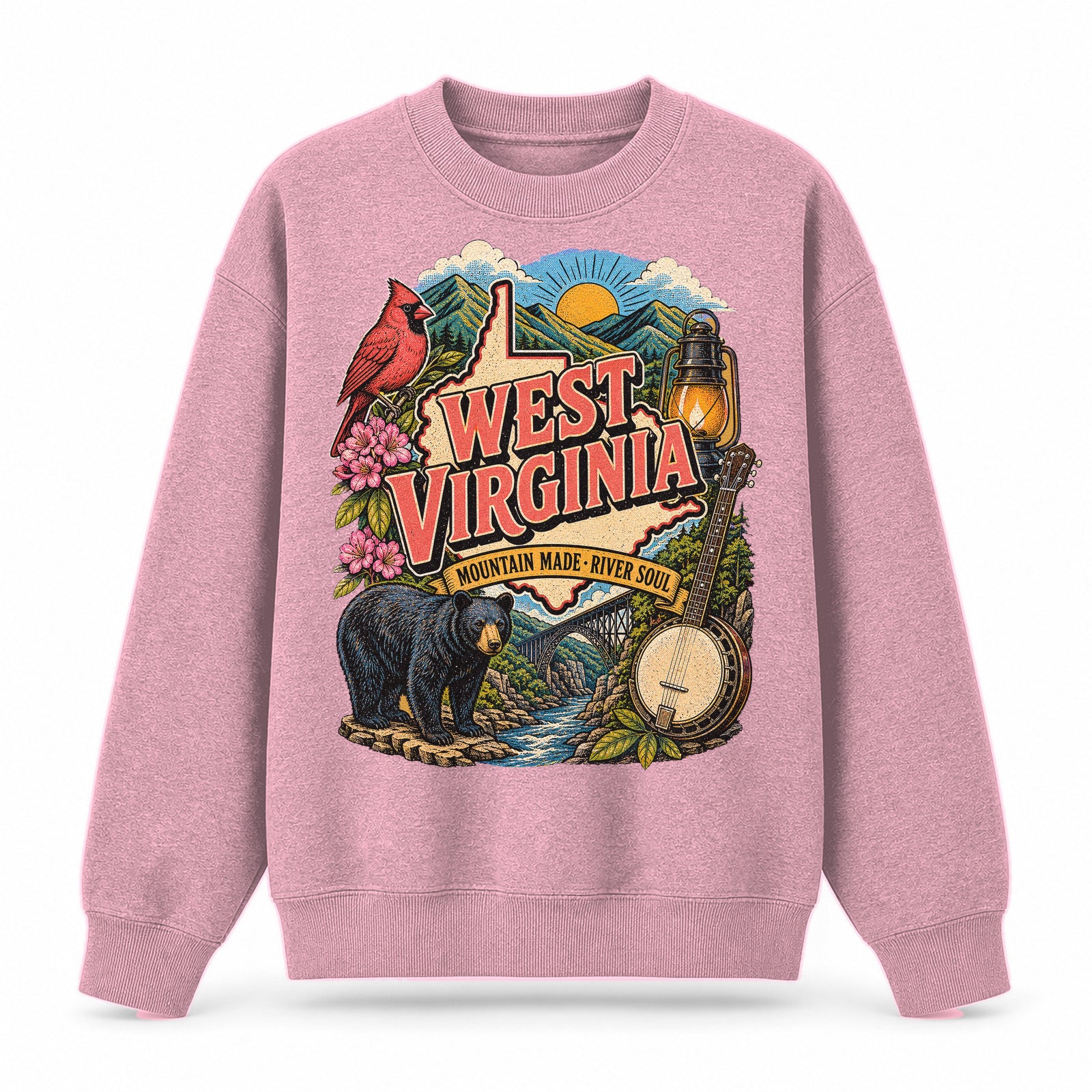 Colorful West Virginia State Collage Crewneck Sweatshirt in Pink, front view on a white background