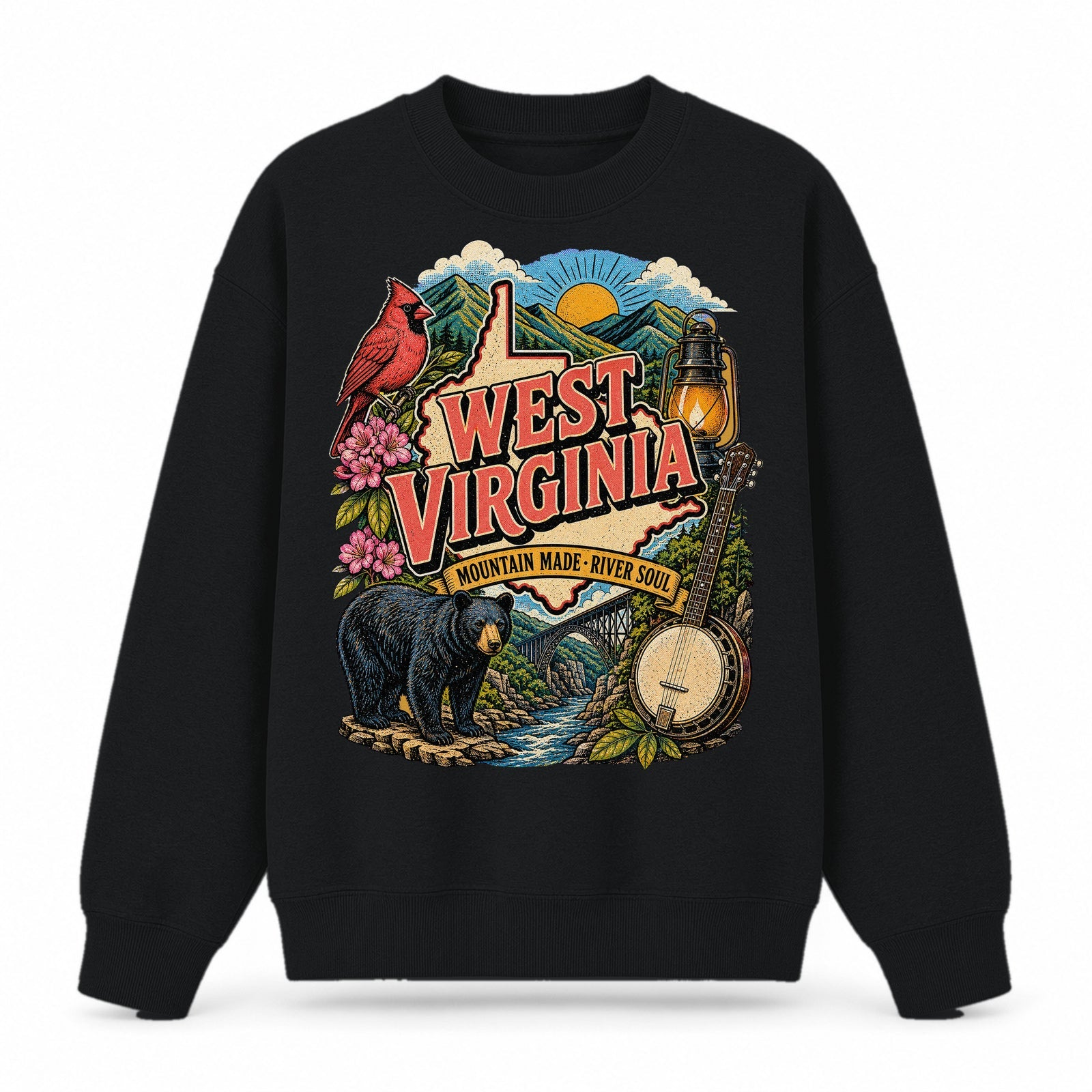 Colorful West Virginia State Collage Crewneck Sweatshirt in Black, front view on a white background