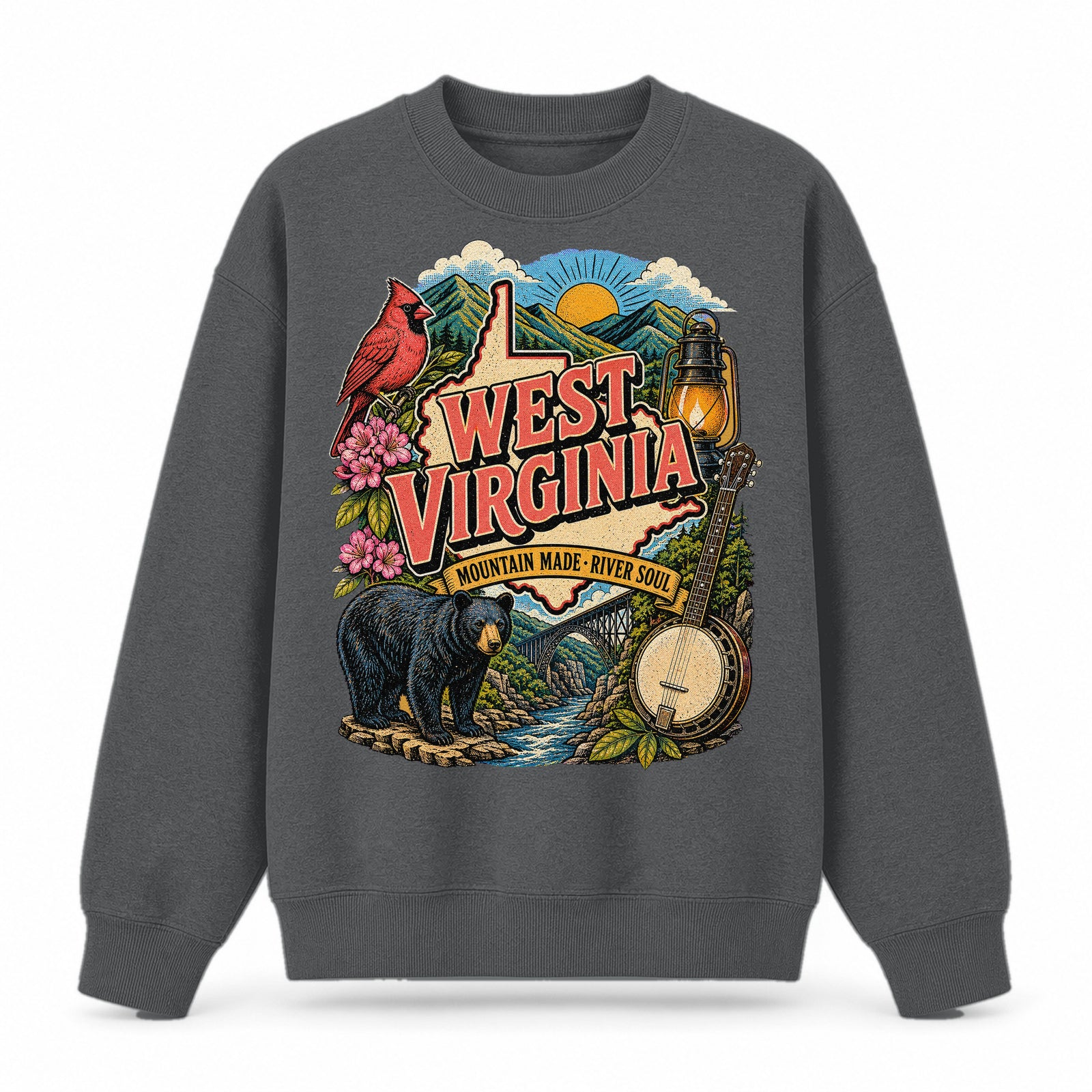 Colorful West Virginia State Collage Crewneck Sweatshirt in Dark Gray, front view on a white background
