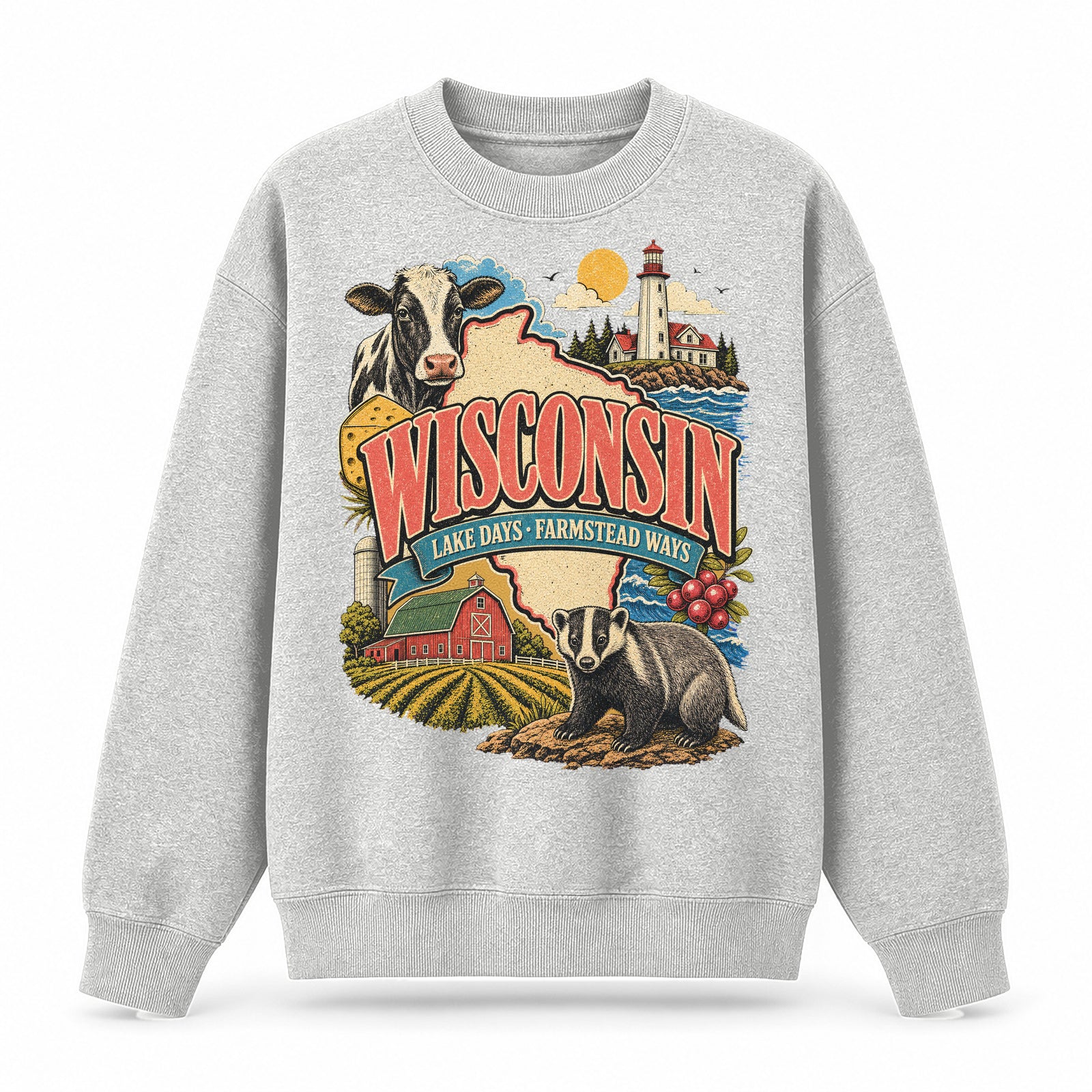 Colorful Wisconsin State Collage Crewneck Sweatshirt in Light Gray, front view on a white background