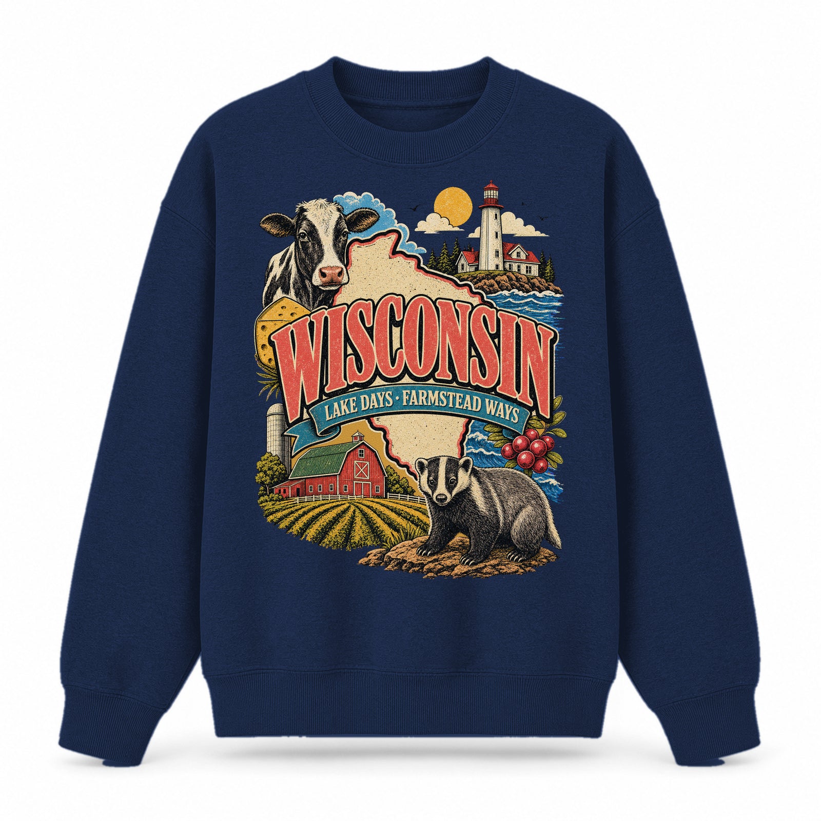 Colorful Wisconsin State Collage Crewneck Sweatshirt in Navy, front view on a white background