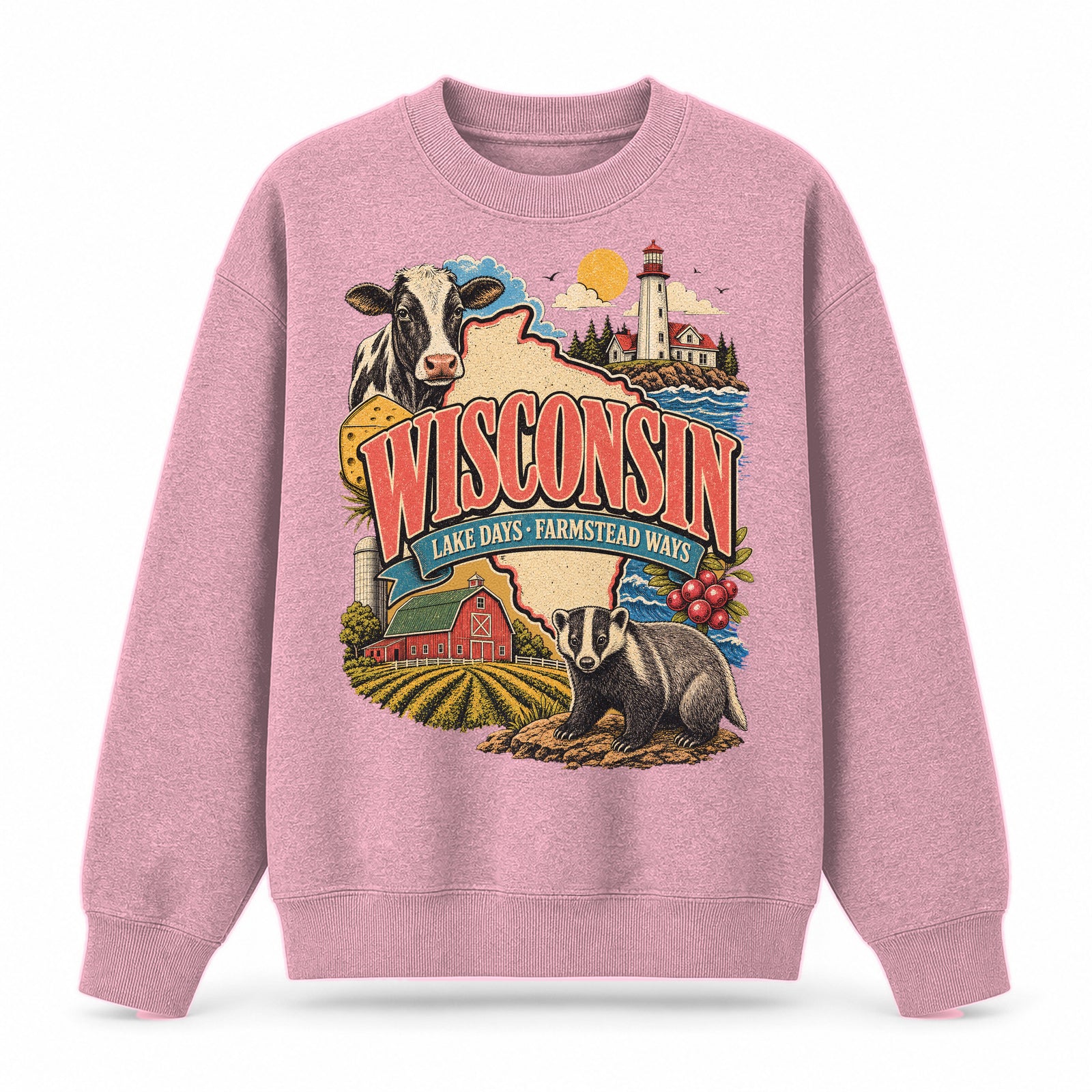 Colorful Wisconsin State Collage Crewneck Sweatshirt in Pink, front view on a white background