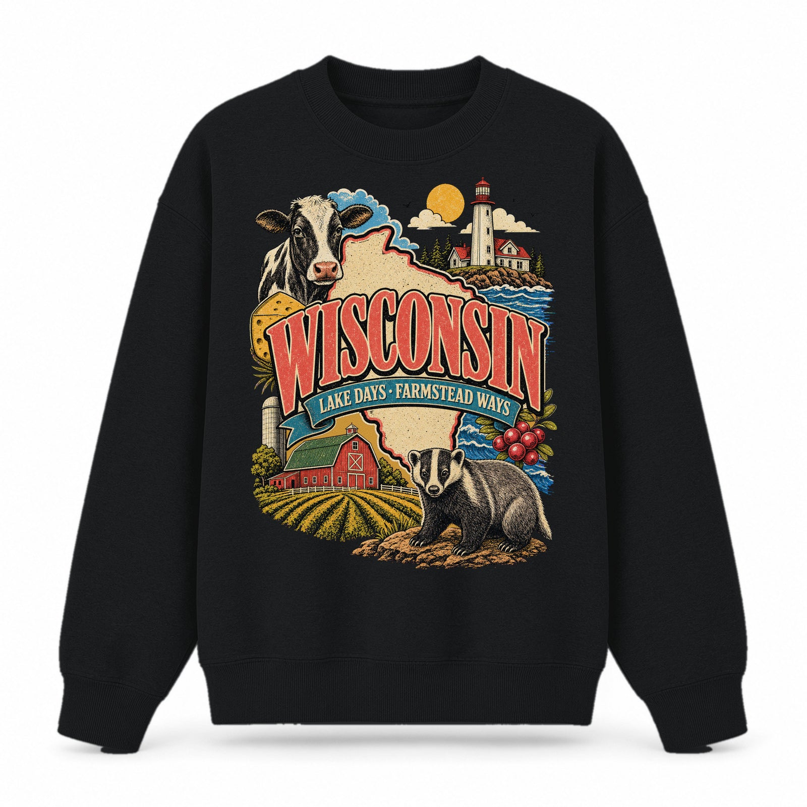 Colorful Wisconsin State Collage Crewneck Sweatshirt in Black, front view on a white background