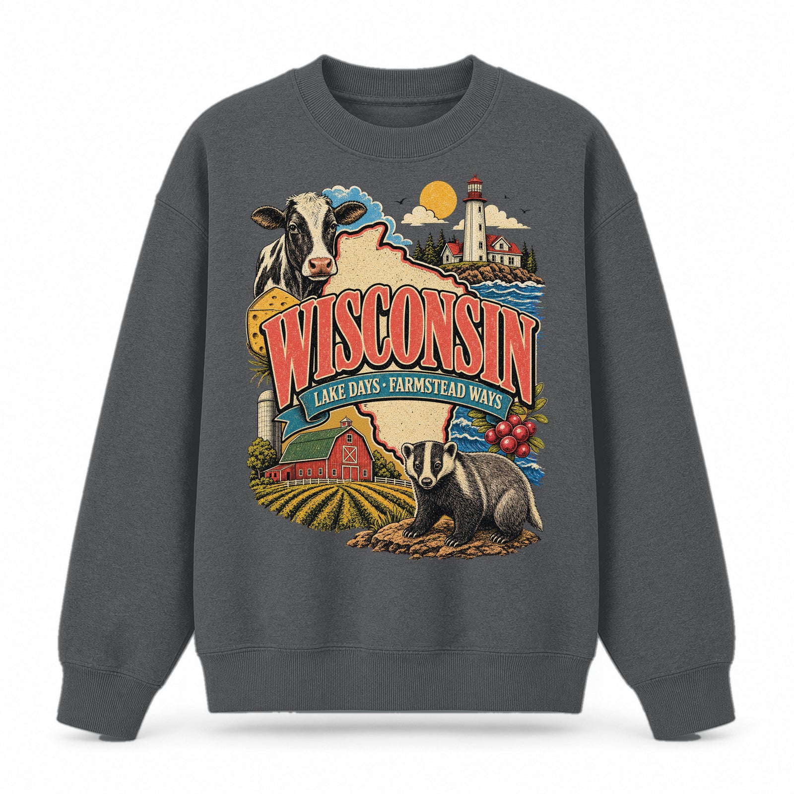 Colorful Wisconsin State Collage Crewneck Sweatshirt in Dark Gray, front view on a white background