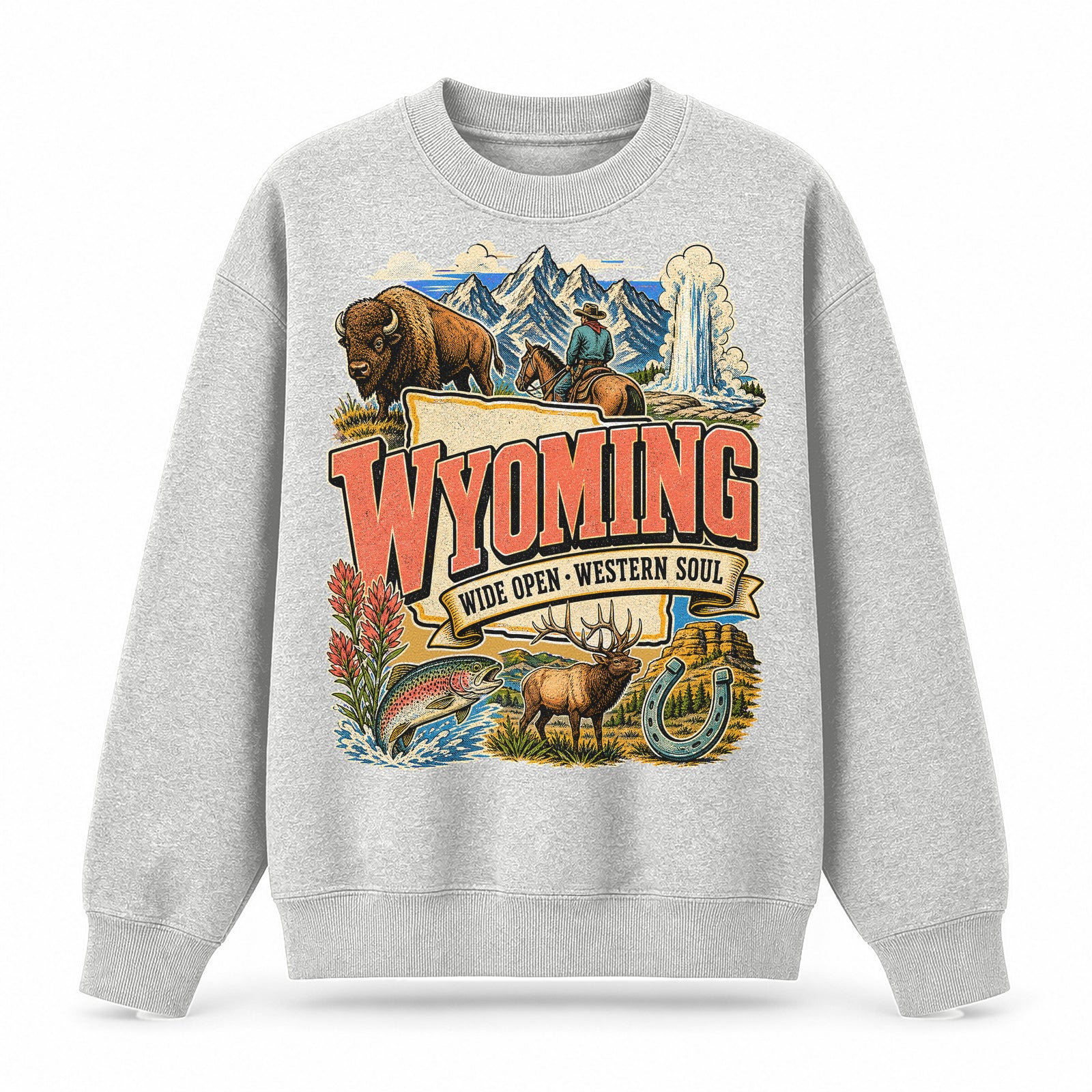 Colorful Wyoming State Collage Crewneck Sweatshirt in Light Gray, front view on a white background