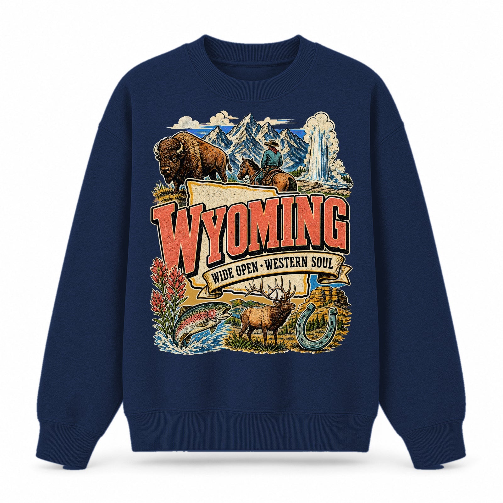 Colorful Wyoming State Collage Crewneck Sweatshirt in Navy, front view on a white background