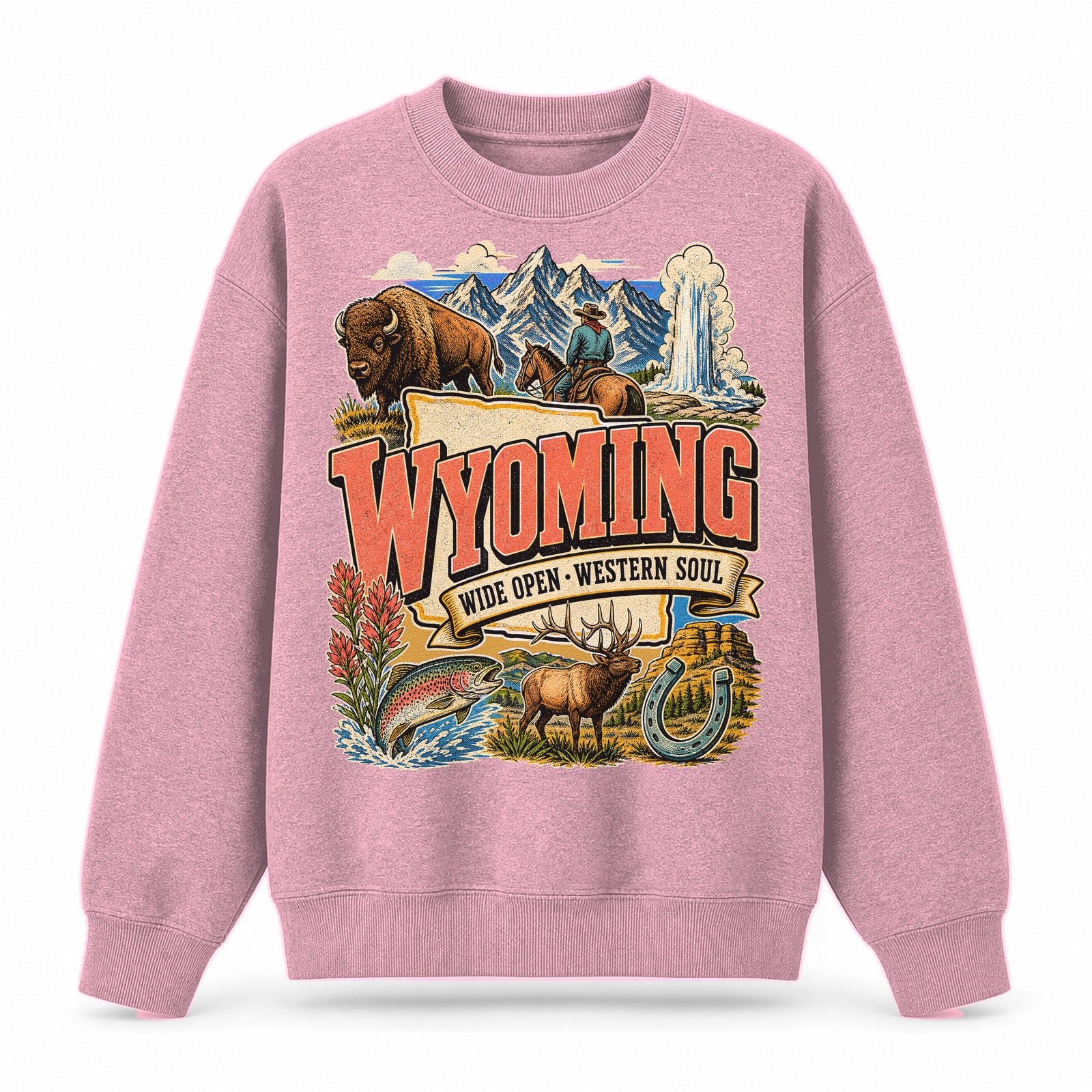 Colorful Wyoming State Collage Crewneck Sweatshirt in Pink, front view on a white background
