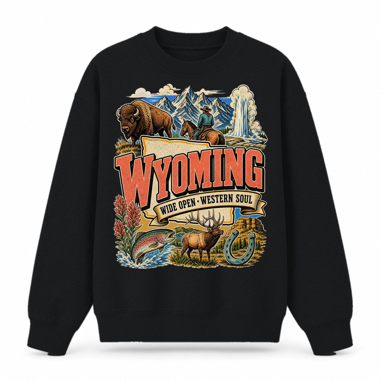 Colorful Wyoming State Collage Crewneck Sweatshirt in Black, front view on a white background