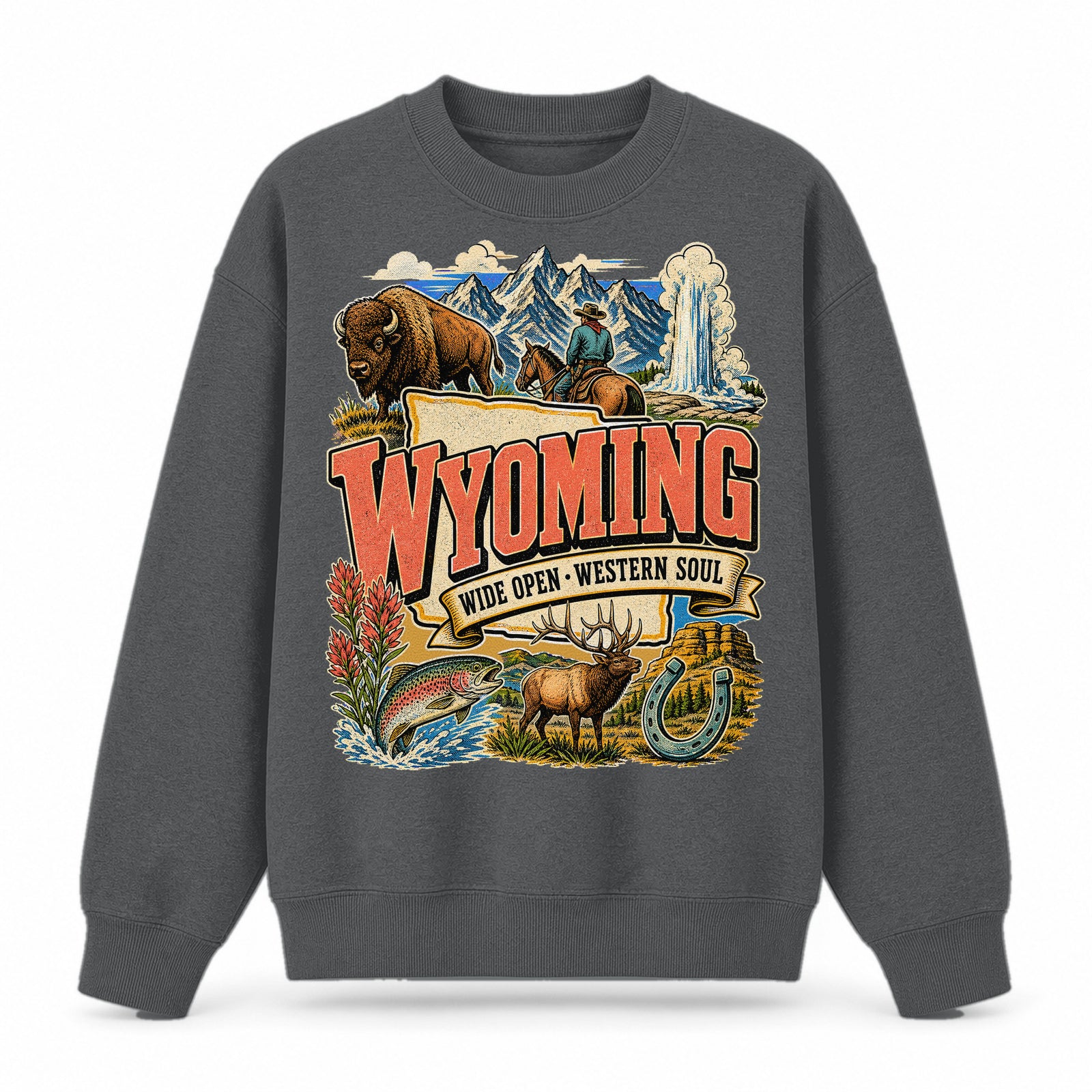 Colorful Wyoming State Collage Crewneck Sweatshirt in Dark Gray, front view on a white background