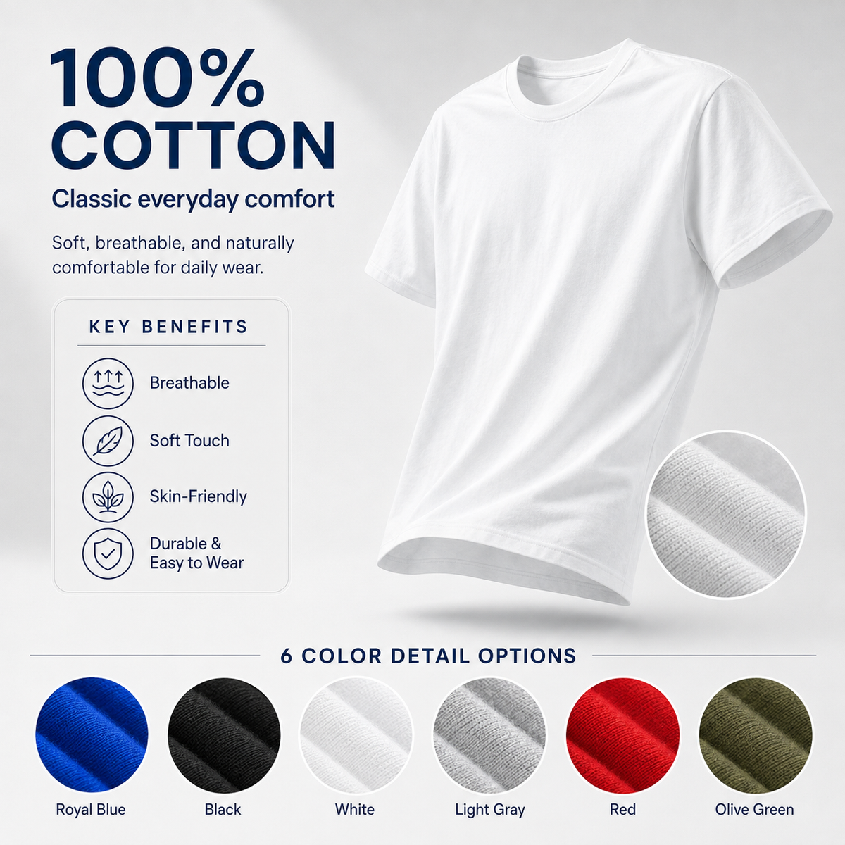100 percent cotton T-shirt fabric details and 6 color options