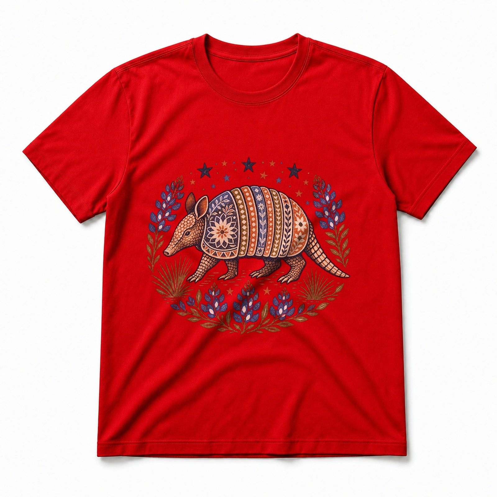 Texas Armadillo Folk Art Pure Cotton T-Shirt in Red