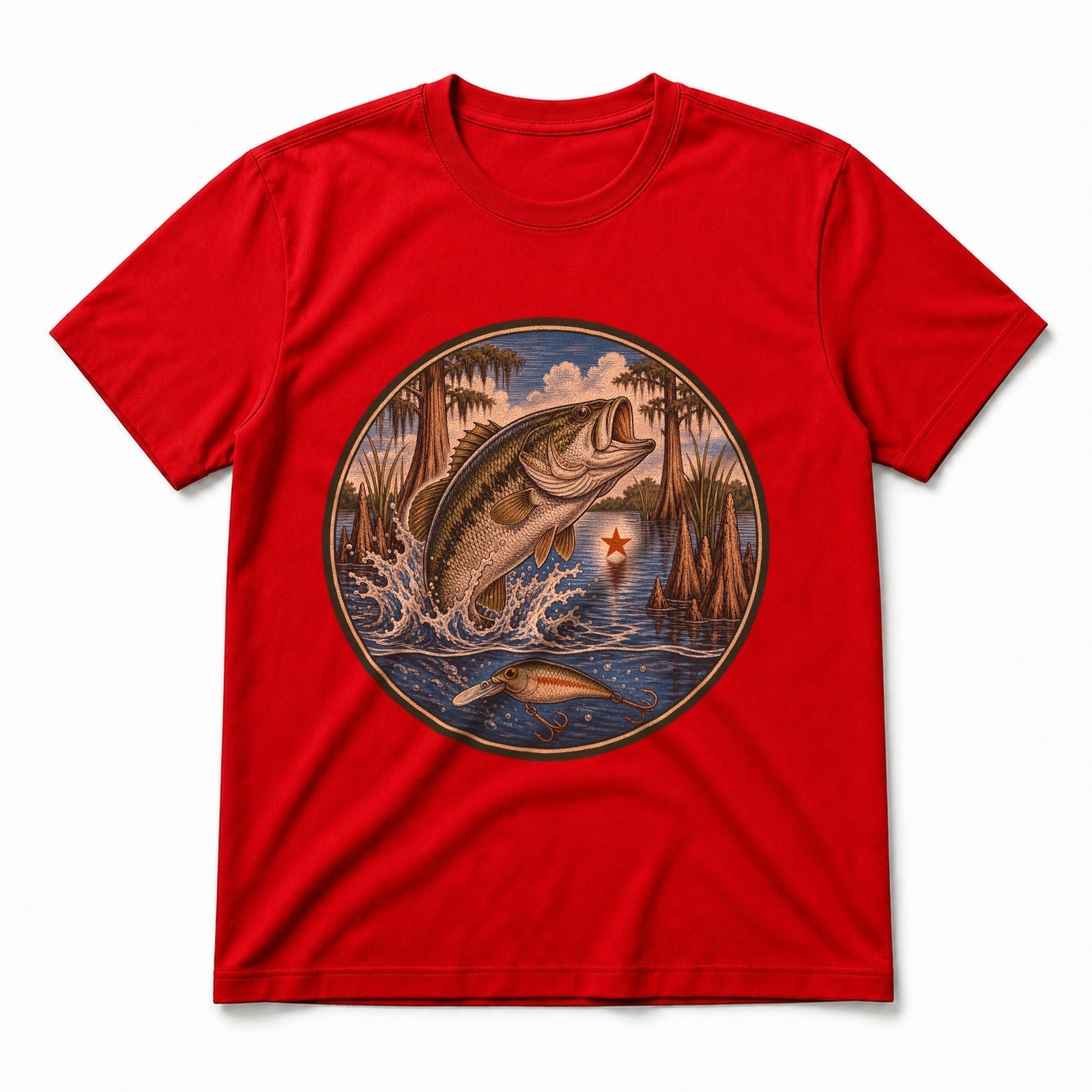 Texas Lake Bass Pure Cotton T-Shirt in Red