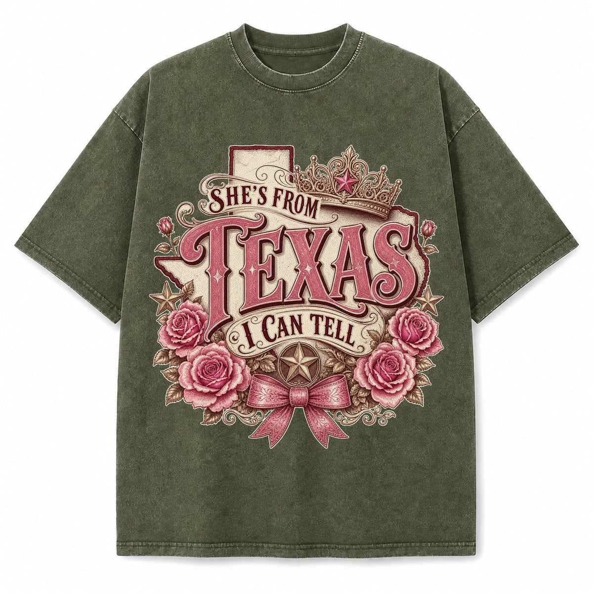 Vintage Washed Texas Rose Crown Heavyweight Graphic Tee in Vintage Washed Heavyweight T-Shirt, Olive Green