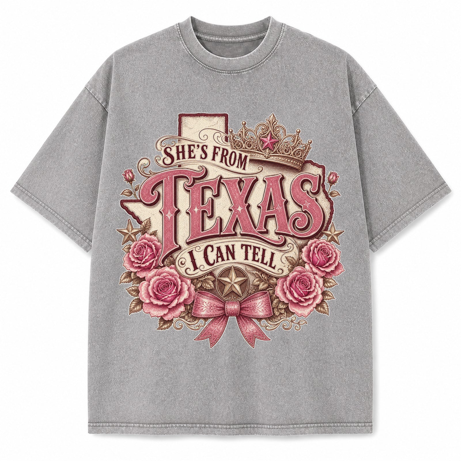 Texas Rose Crown Washed Vintage Heavyweight T-Shirt in Light Gray