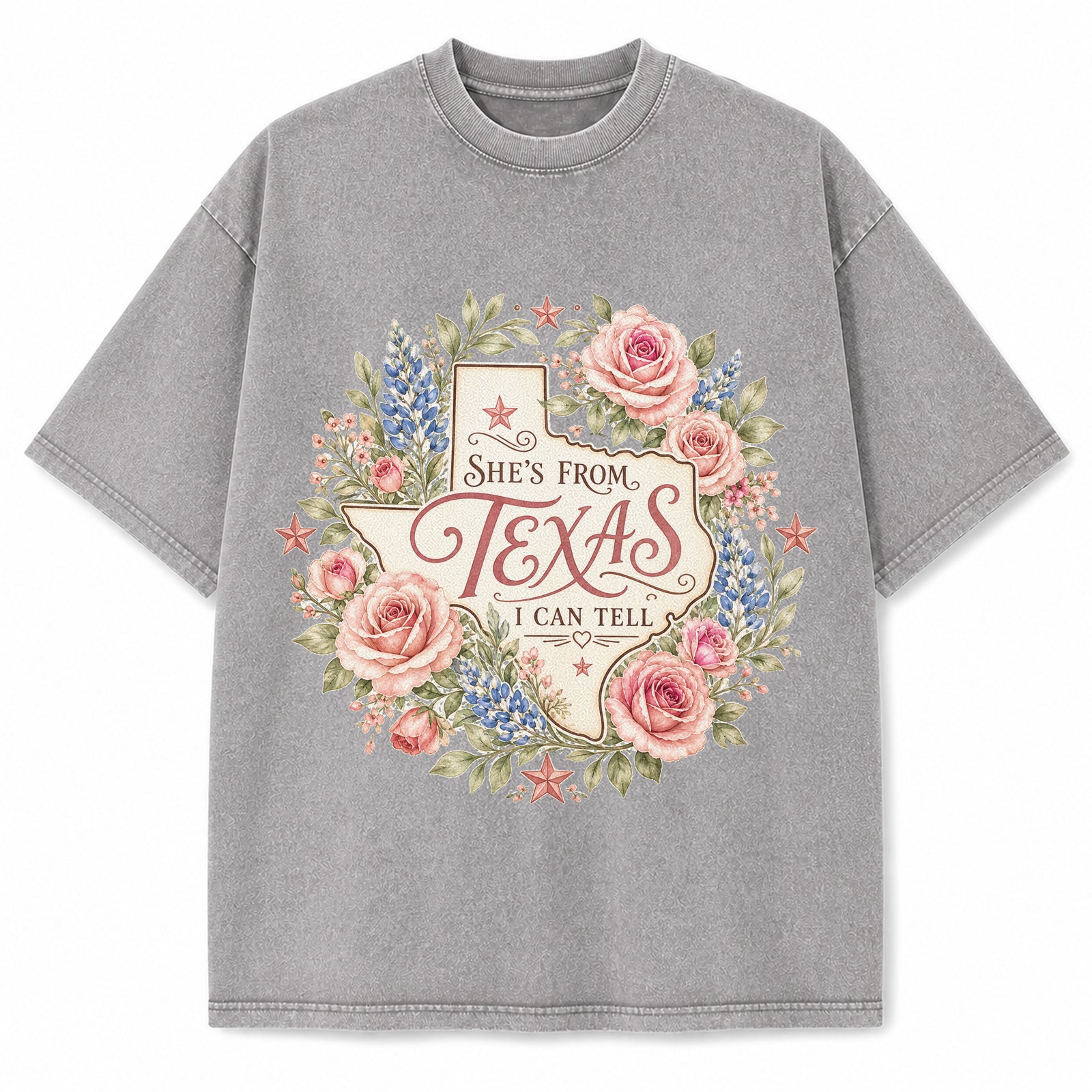 Texas Romantic Floral Washed Vintage Heavyweight T-Shirt in Light Gray