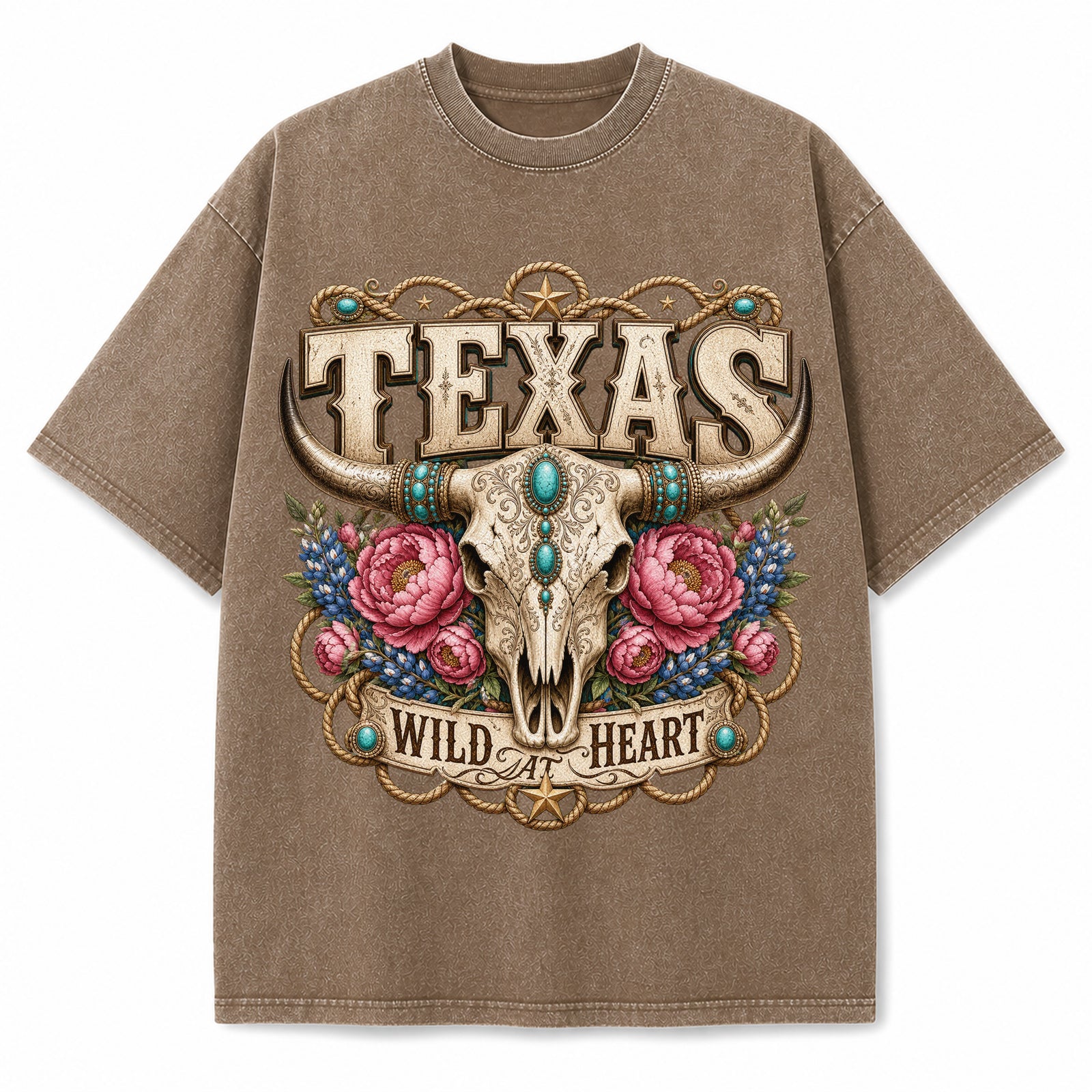 Texas Boho Longhorn Washed Vintage Heavyweight T-Shirt in Brown