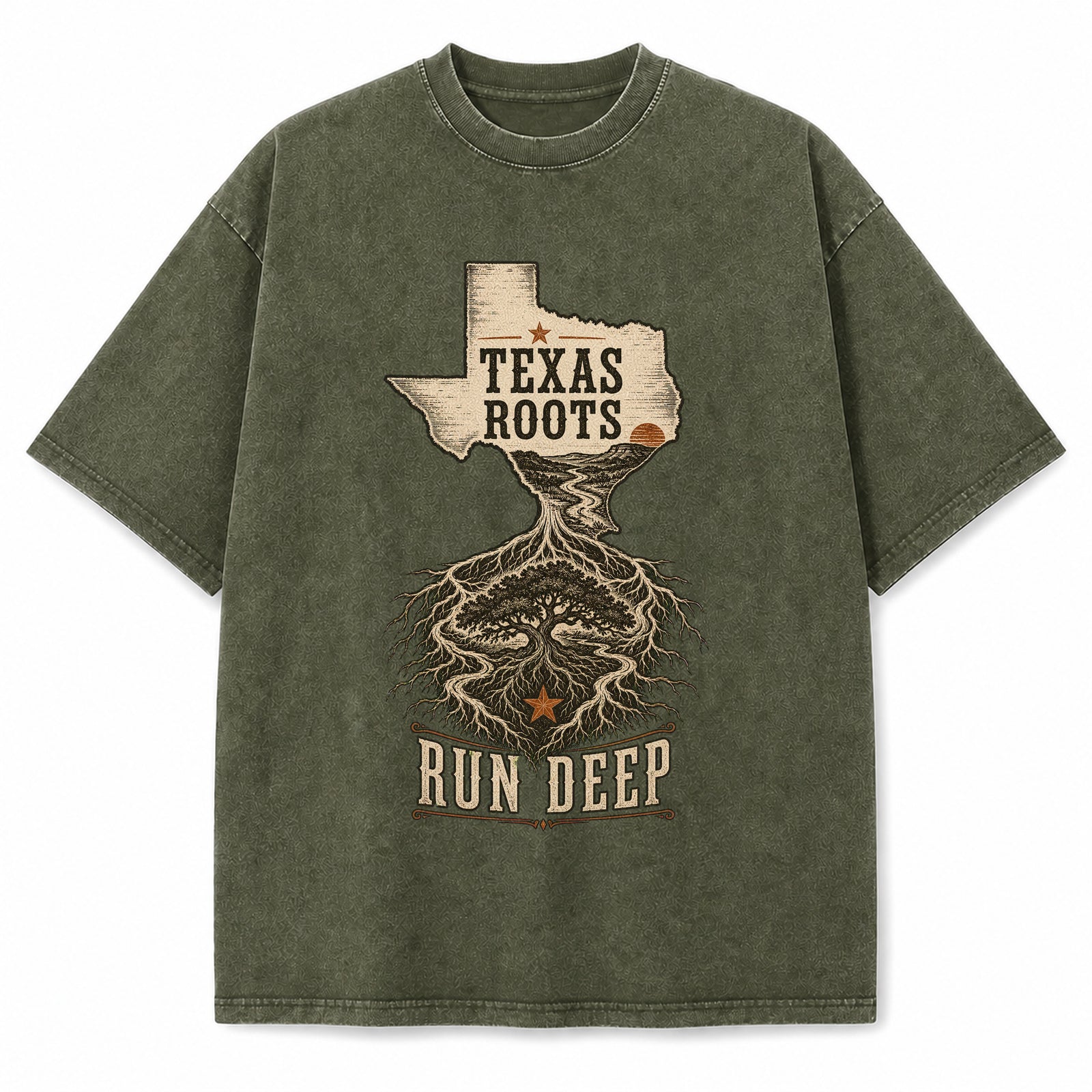 Texas Roots Run Deep Washed Vintage Heavyweight T-Shirt in Military Green