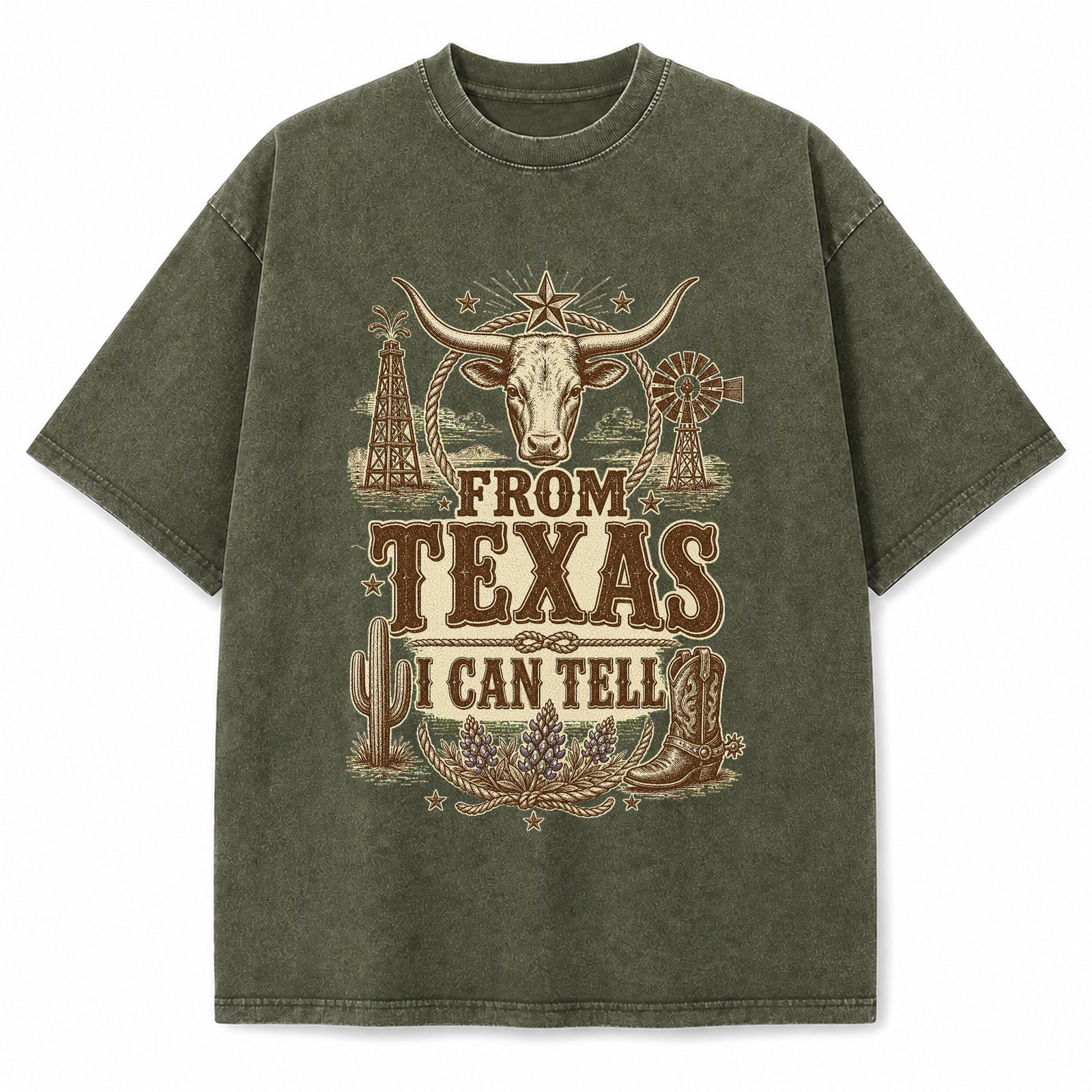 Texas Heritage Icons Washed Vintage Heavyweight T-Shirt in Military Green