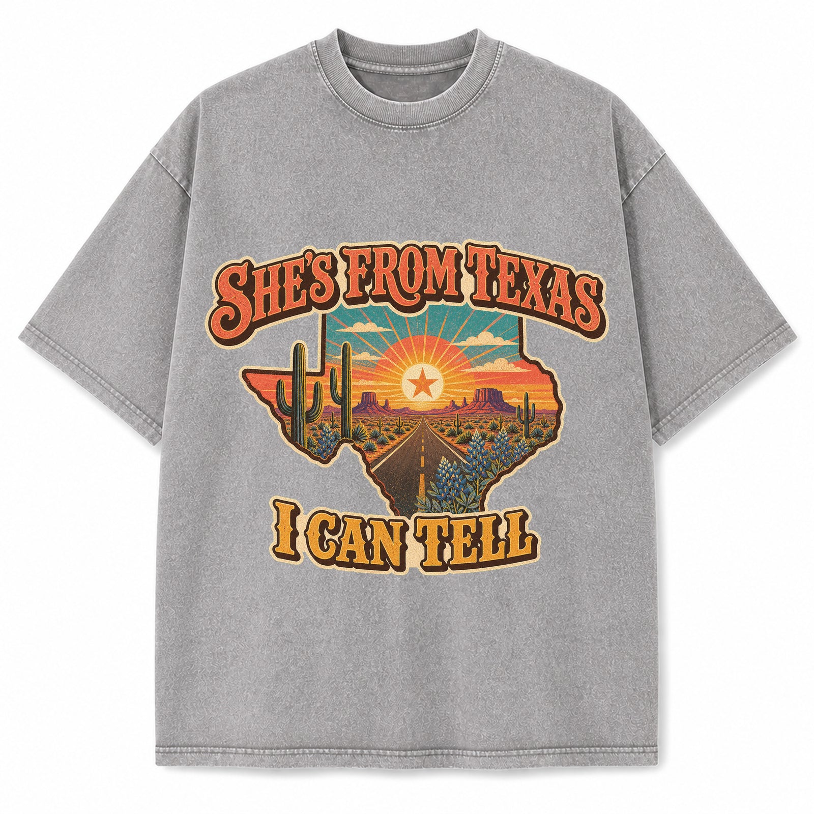 Texas Retro Highway Washed Vintage Heavyweight T-Shirt in Light Gray