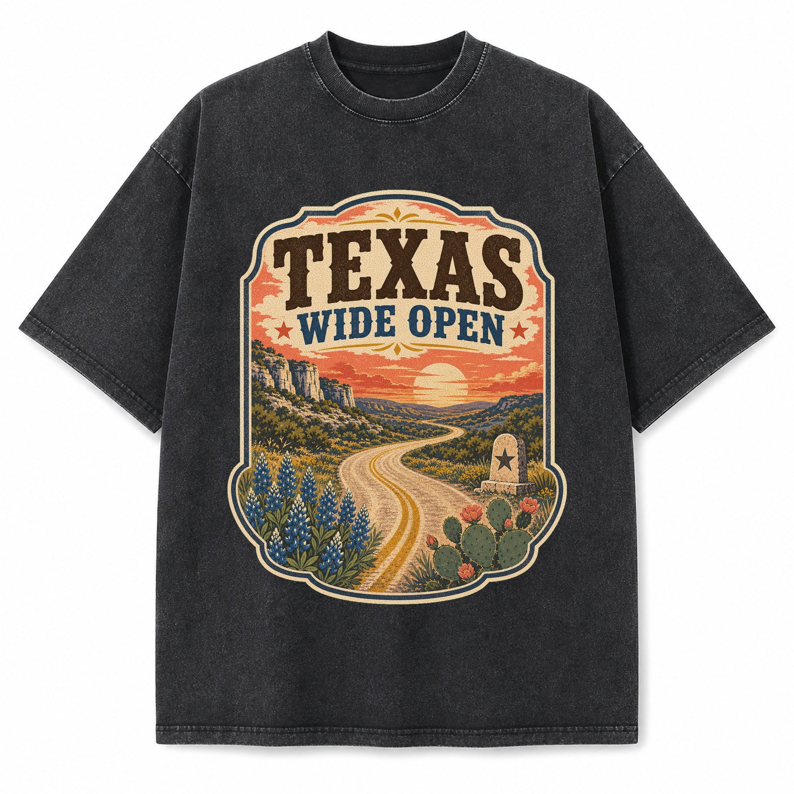 Texas Wide Open Washed Vintage Heavyweight T-Shirt in Black