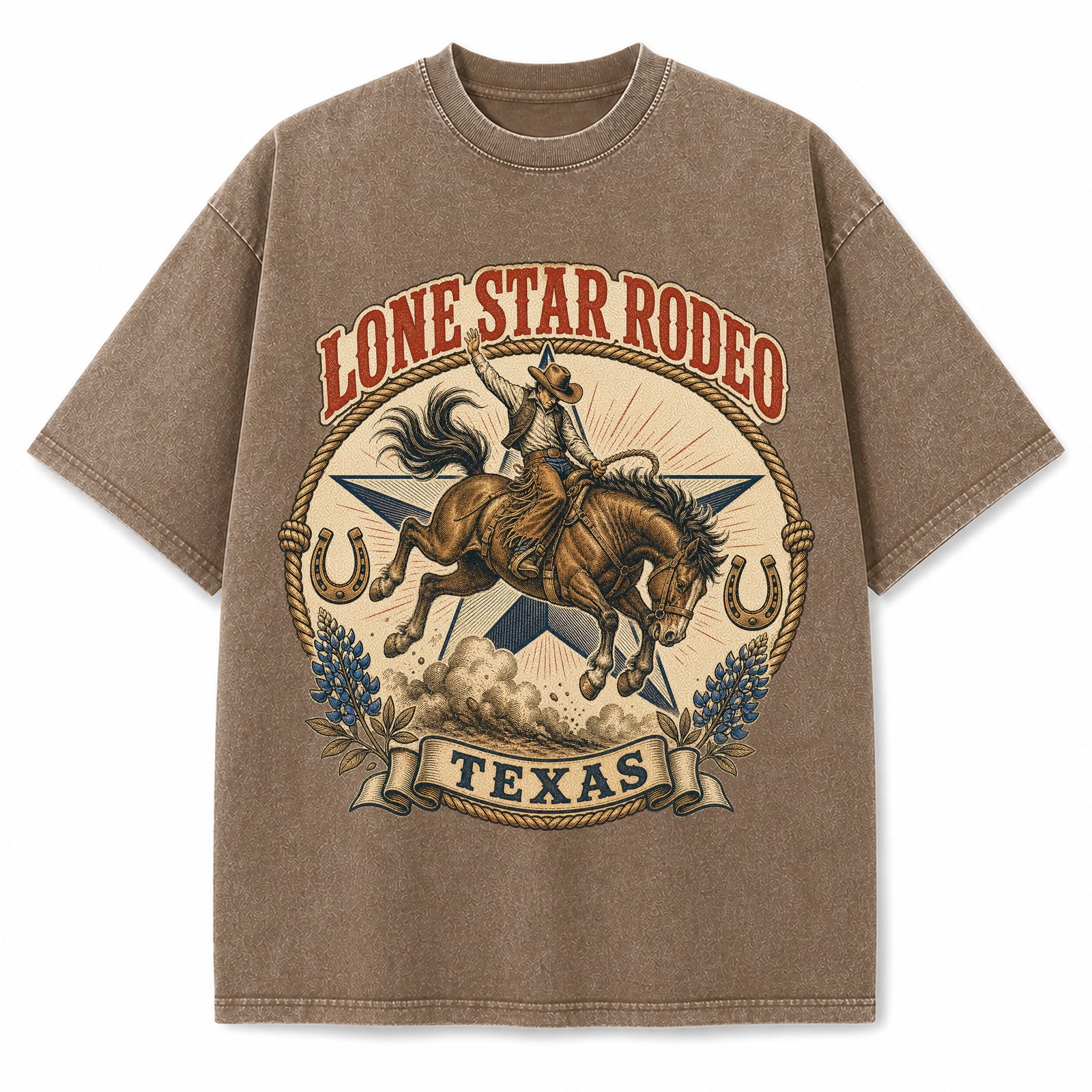 Texas Lone Star Rodeo Washed Vintage Heavyweight T-Shirt in Brown