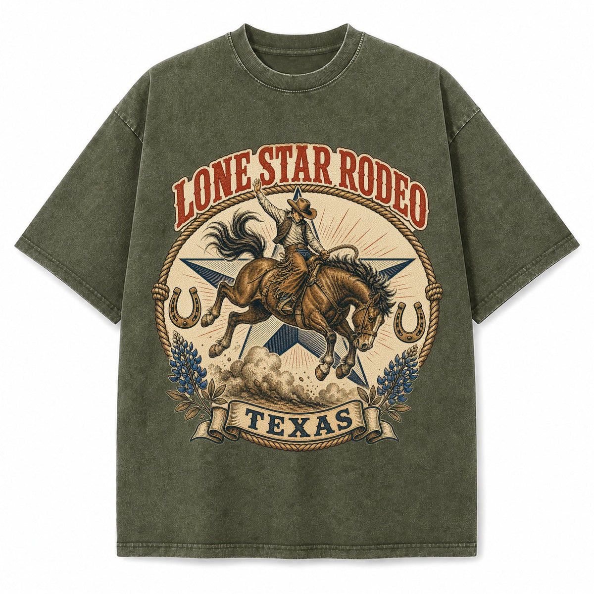 Vintage Washed Texas Lone Star Rodeo Heavyweight Graphic Tee in Vintage Washed Heavyweight T-Shirt, Olive Green