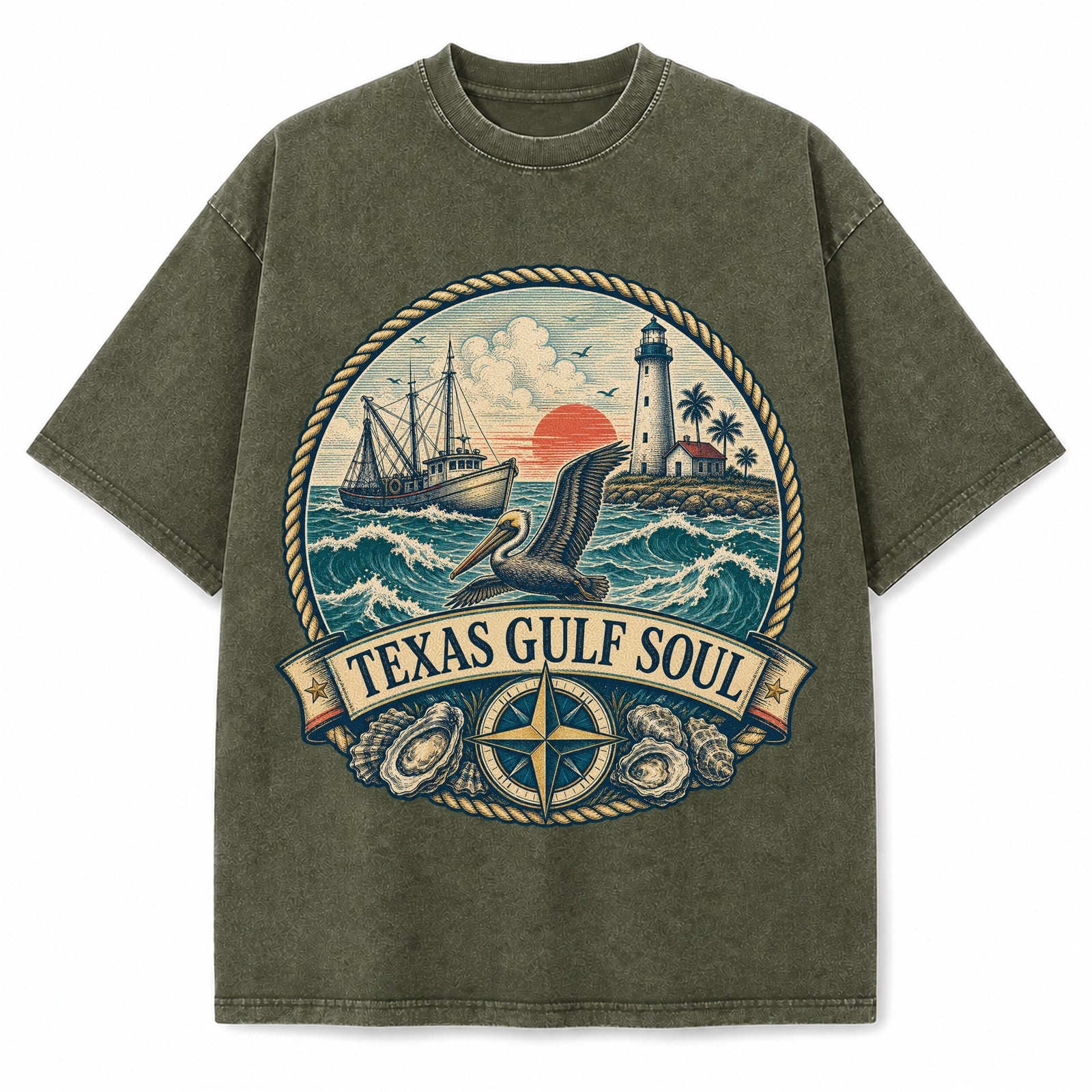 Texas Gulf Soul Washed Vintage Heavyweight T-Shirt in Military Green