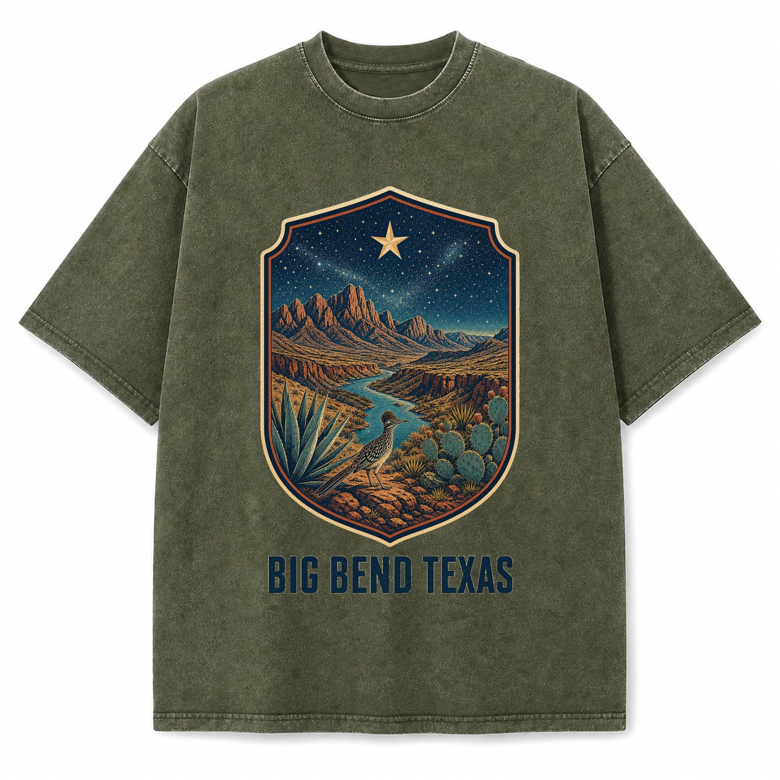 Big Bend Texas Washed Vintage Heavyweight T-Shirt in Military Green