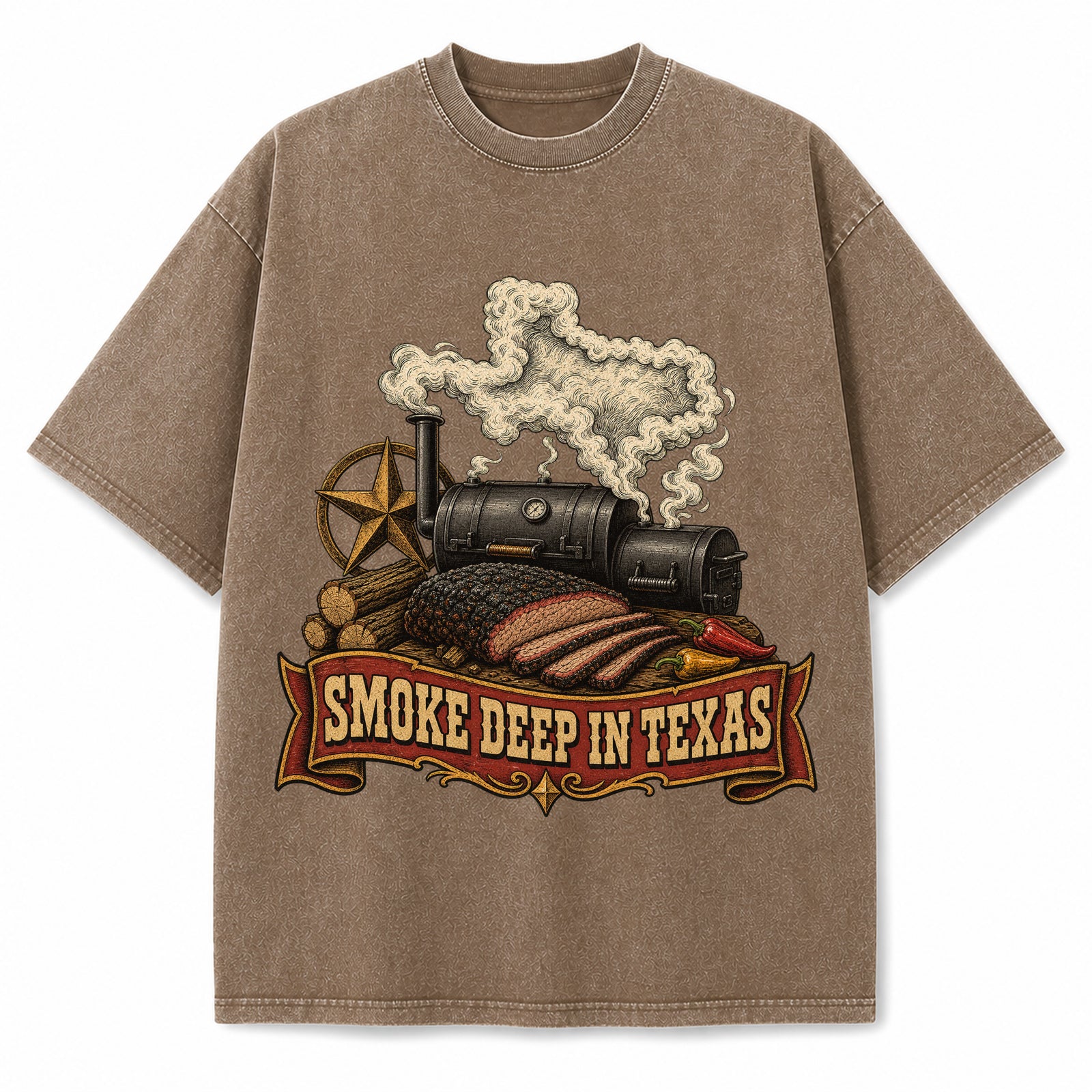 Smoke Deep In Texas Washed Vintage Heavyweight T-Shirt in Brown
