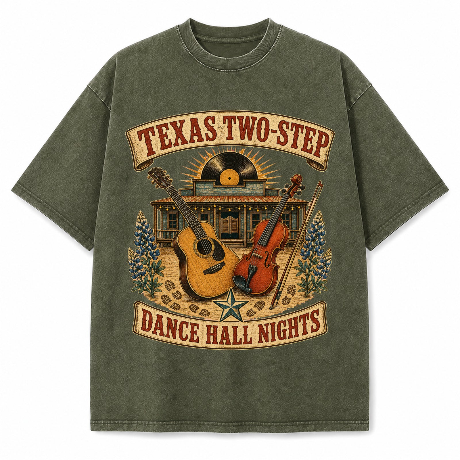 Texas Two Step Washed Vintage Heavyweight T-Shirt in Military Green