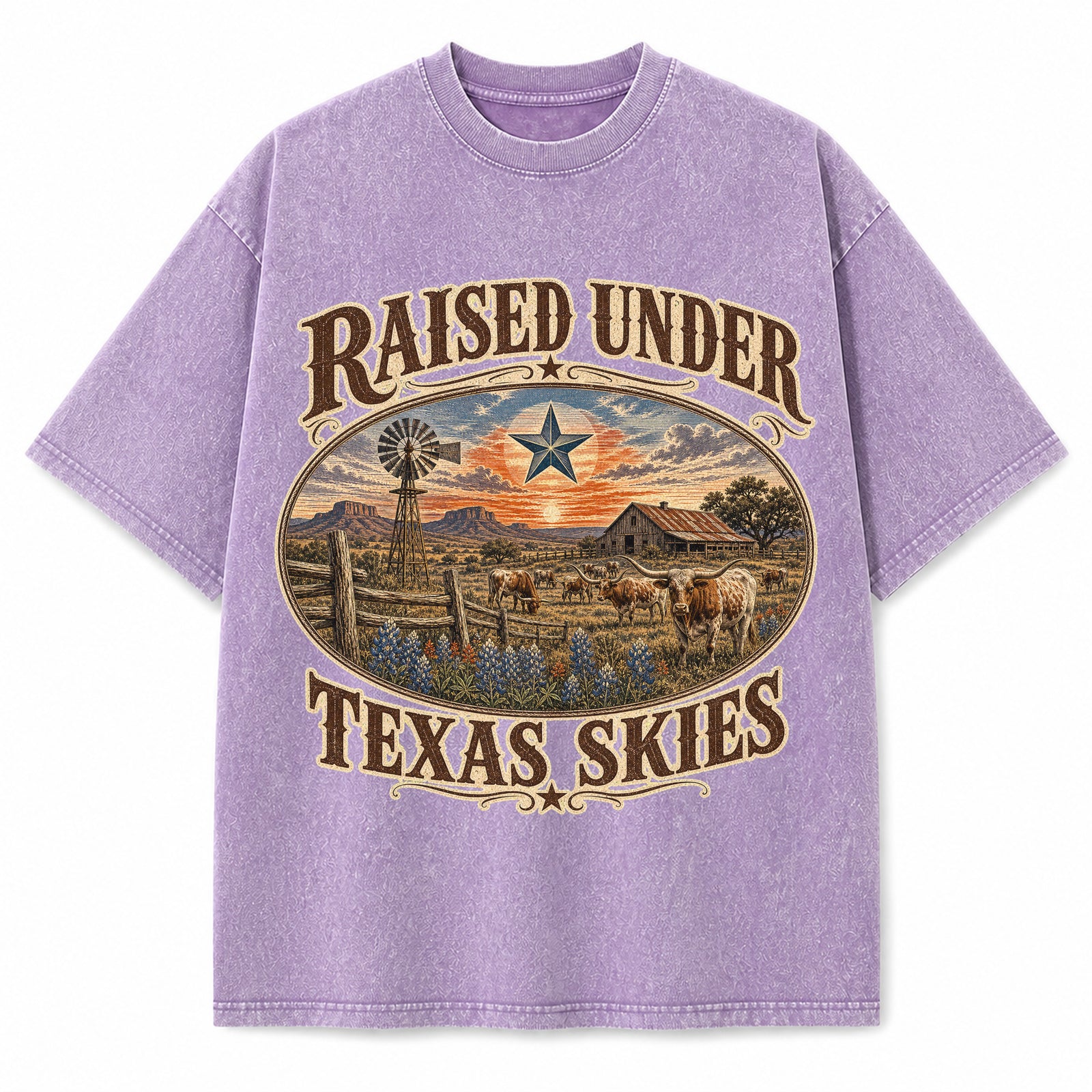 Raised Under Texas Skies Washed Vintage Heavyweight T-Shirt in Purple