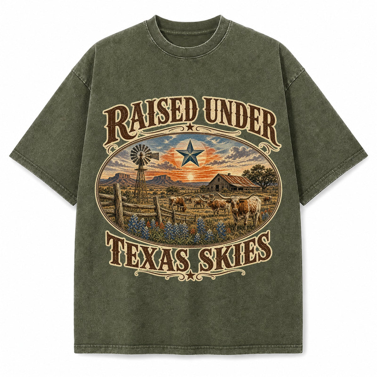 Vintage Washed Raised Under Texas Skies Heavyweight Graphic Tee in Vintage Washed Heavyweight T-Shirt, Olive Green
