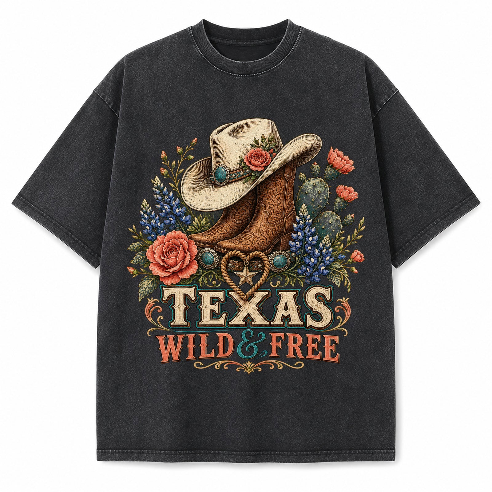 Texas Wild And Free Washed Vintage Heavyweight T-Shirt in Black