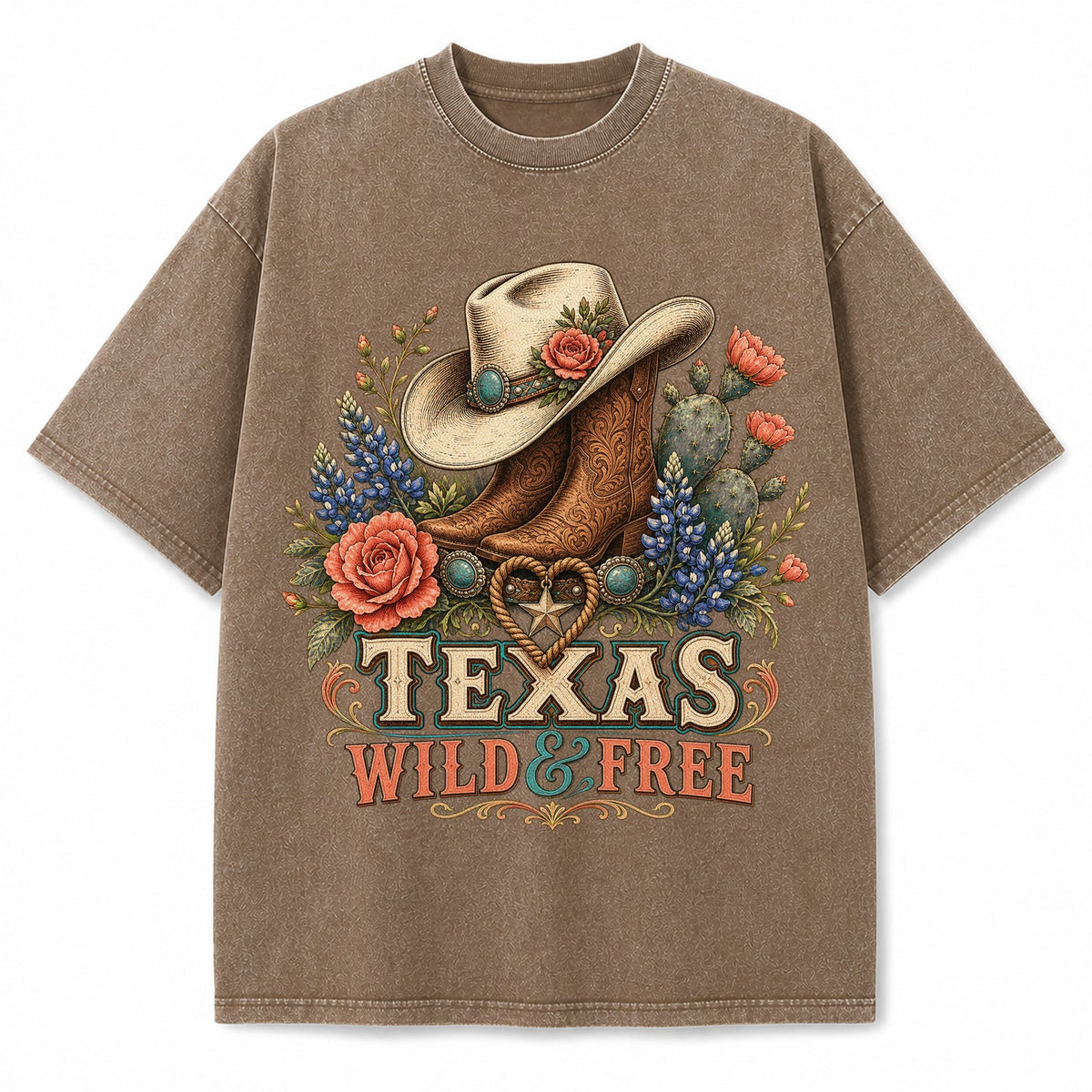 Vintage Washed Texas Wild And Free Heavyweight Graphic Tee in Vintage Washed Heavyweight T-Shirt, Brown