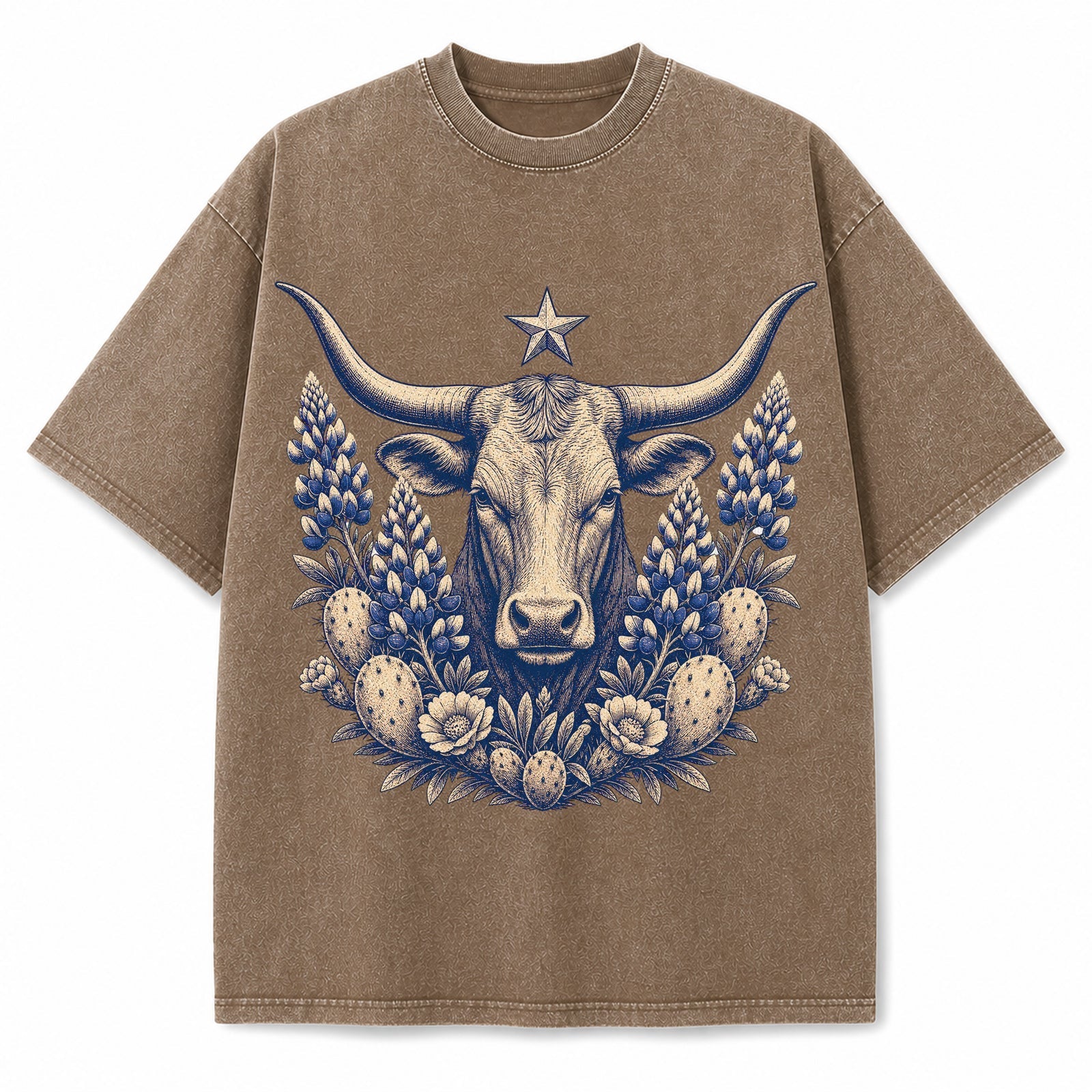 Texas Longhorn Bluebonnet Engraving Washed Vintage Heavyweight T-Shirt in Brown