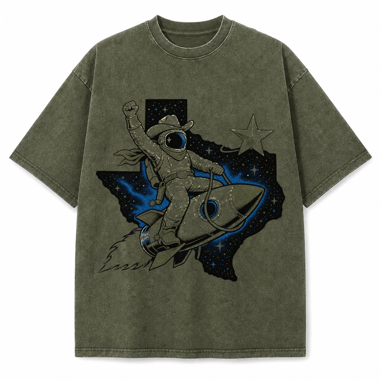Texas Space Cowboy Washed Vintage Heavyweight T-Shirt in Military Green
