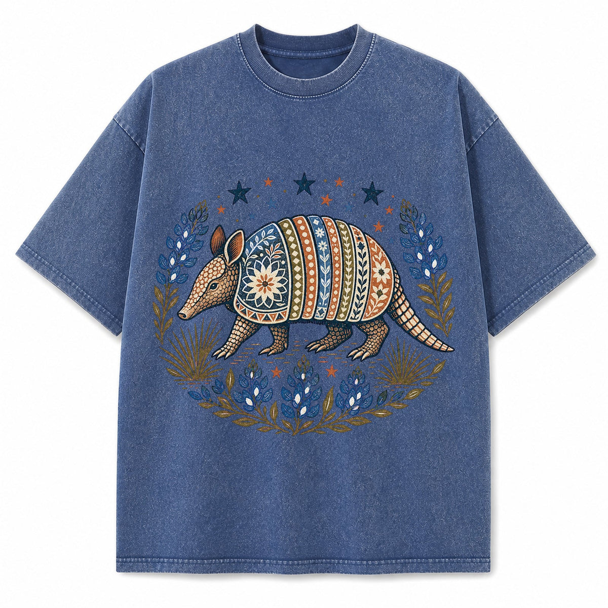 Vintage Washed Texas Armadillo Folk Art Heavyweight Graphic Tee in Vintage Washed Heavyweight T-Shirt, Vintage Blue