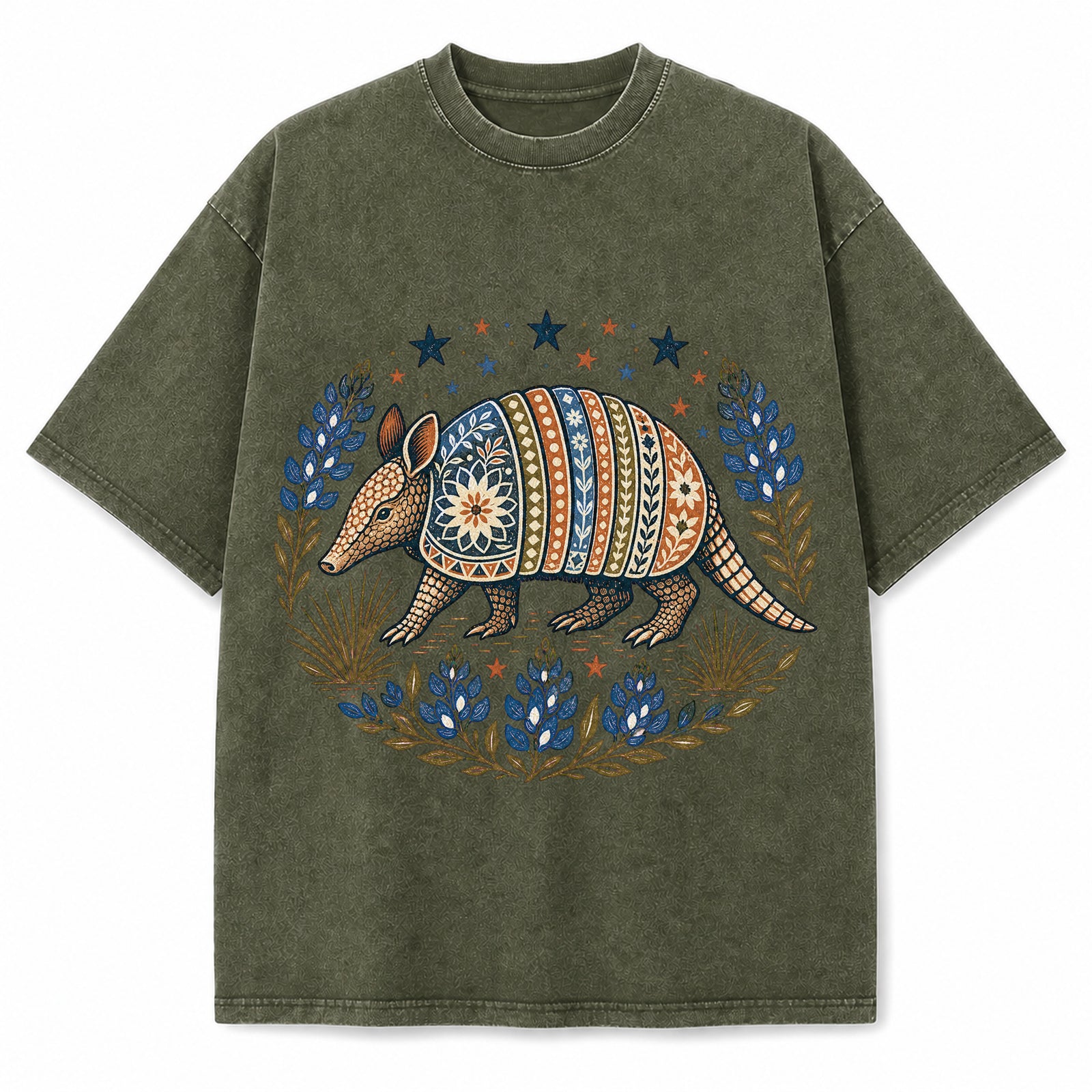 Texas Armadillo Folk Art Washed Vintage Heavyweight T-Shirt in Military Green