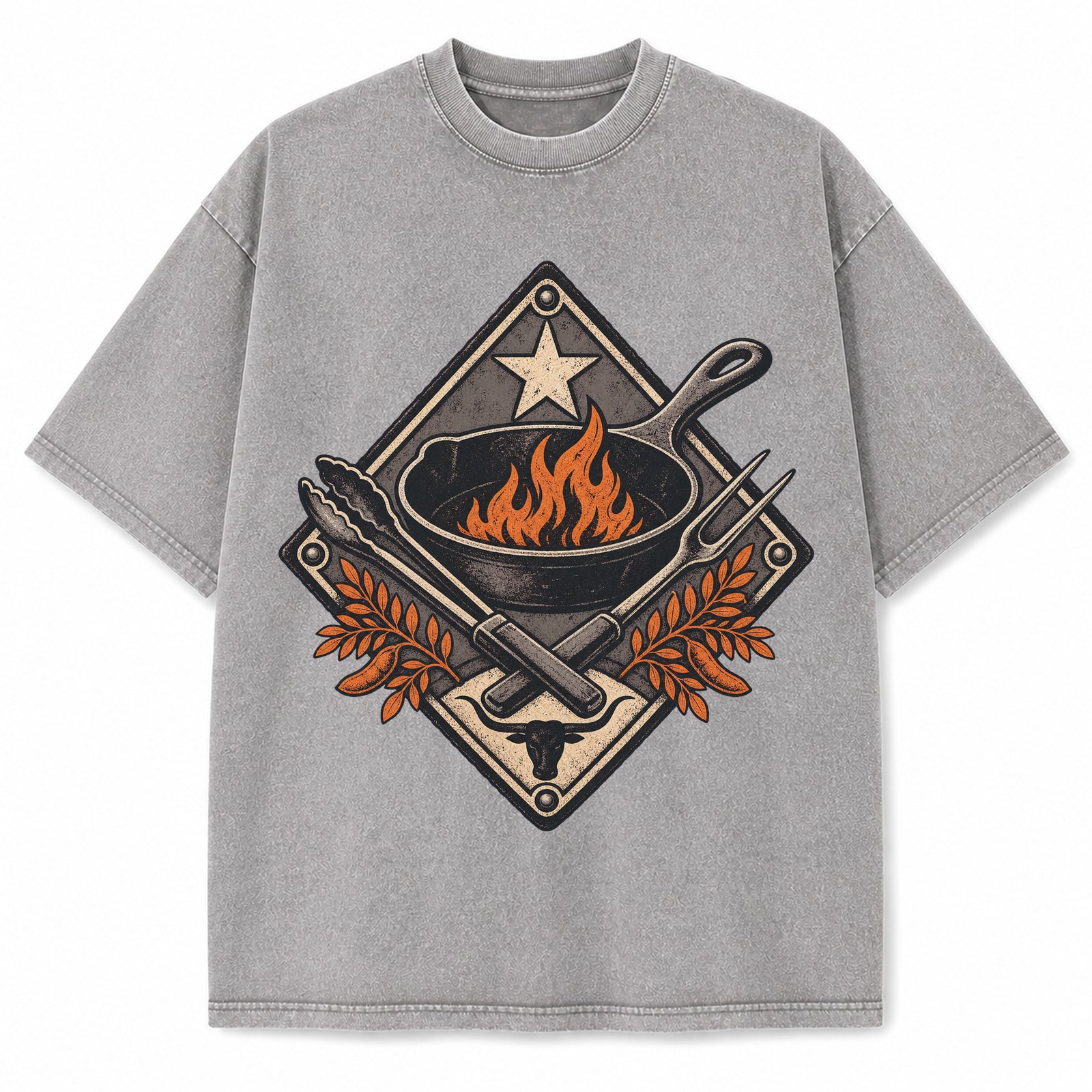 Texas Mesquite Bbq Ironwork Washed Vintage Heavyweight T-Shirt in Light Gray