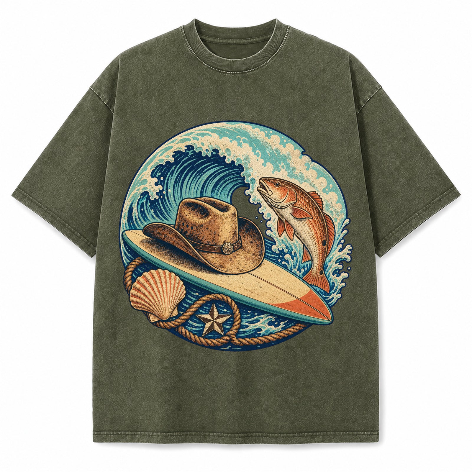 Texas Gulf Coast Western Surf Washed Vintage Heavyweight T-Shirt in Military Green